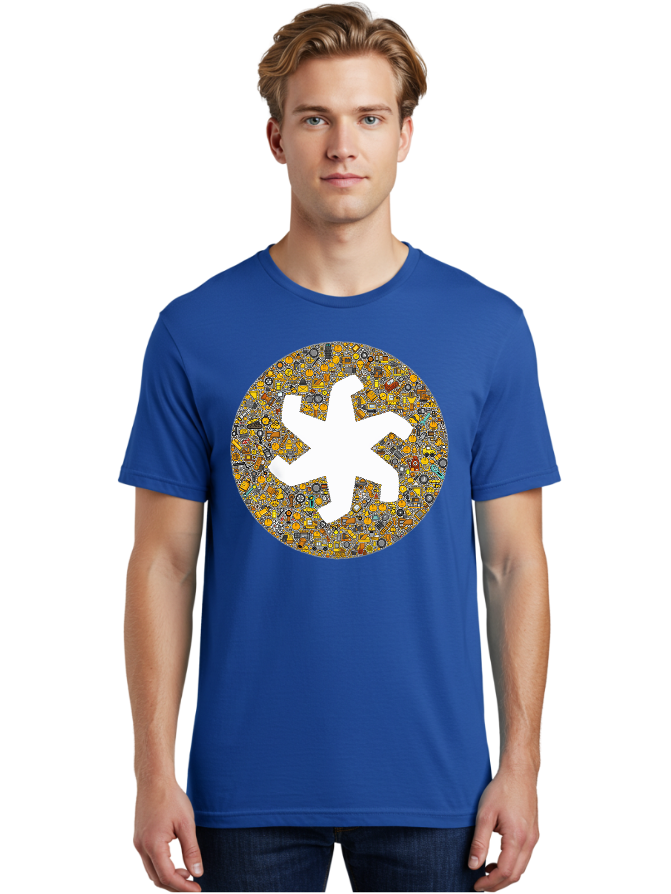 Airplane-Silhouette-Mosaic Men'S Graphic Tee, 100% Cotton, Comfortable Casual Summer Wear, Machine Washable, Airplane Silhouette, Yellow And Gray Mosaic, Machinery Parts, Industrial Theme, Creative Design, Travel Concept, Abstract Art, Bac581