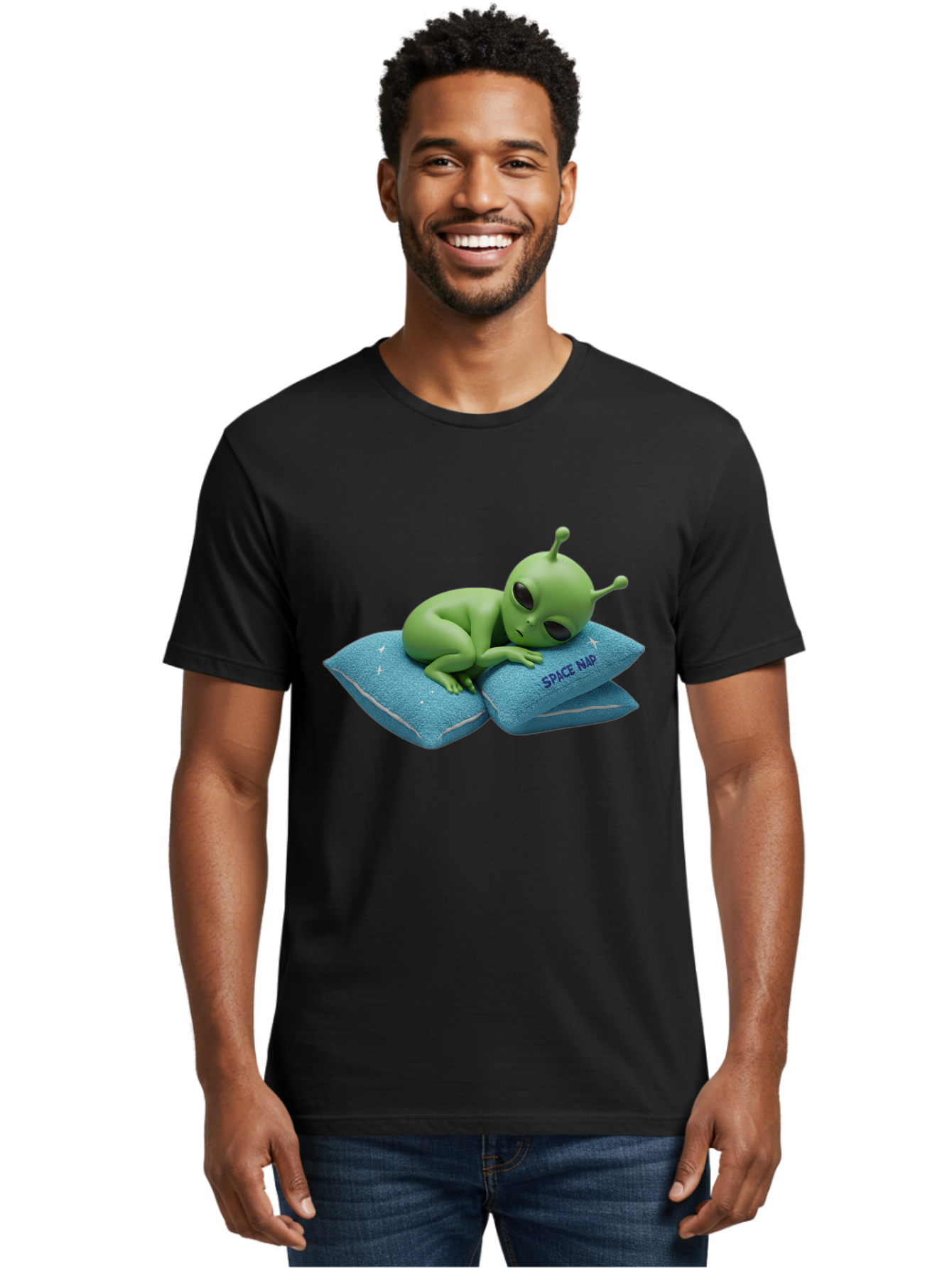 Alien-Sleeping-On-Pillows Men'S Graphic Tee, 100% Cotton, Comfortable Casual Summer Wear, Machine Washable, Alien Resting On Pillows, Extraterrestrial Being, Space Map, Stars, Sleepy Alien, Cute Cartoon Character, 3D Illustration, Funny Meme Bac583