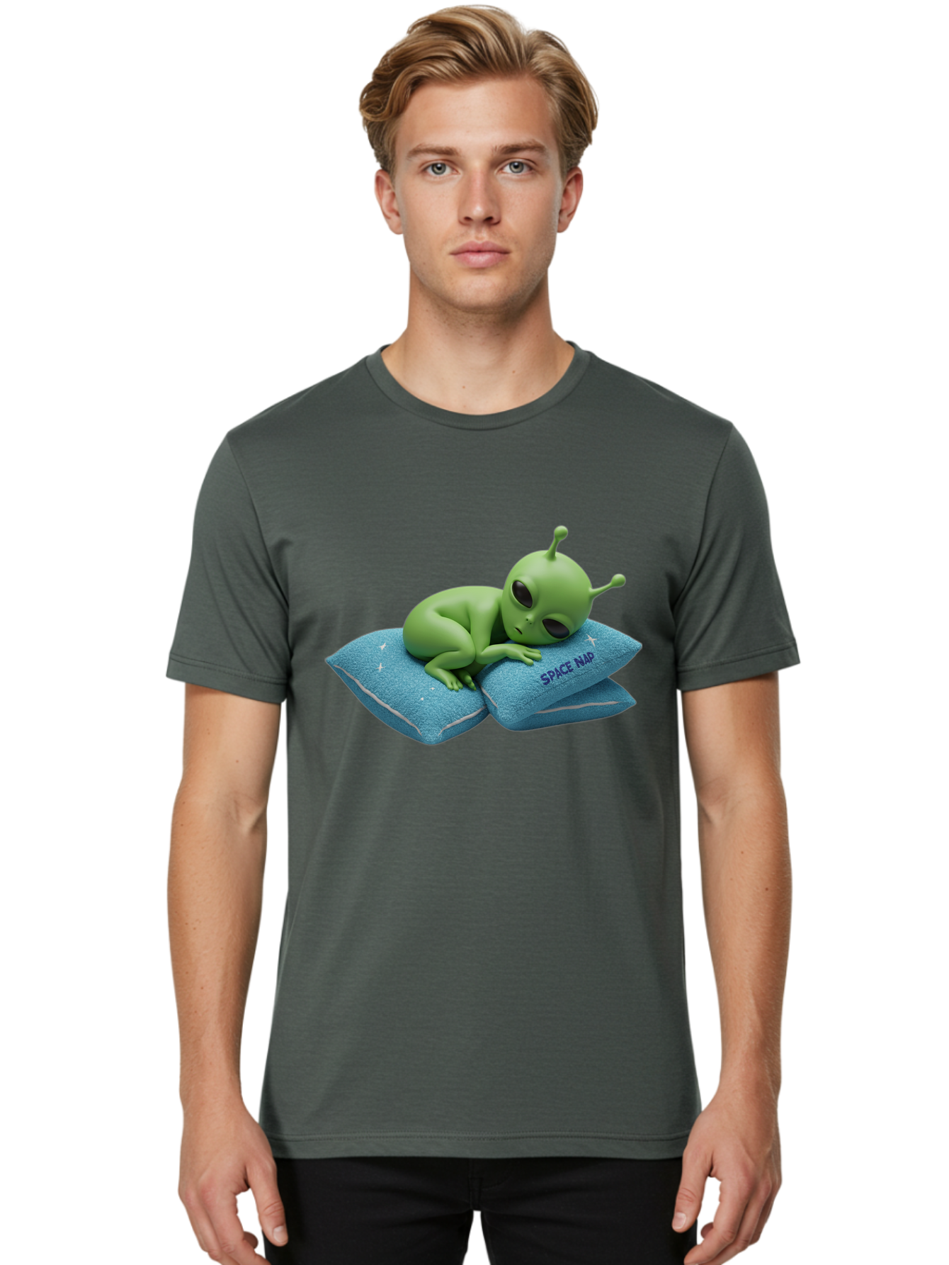 Alien-Sleeping-On-Pillows Men'S Graphic Tee, 100% Cotton, Comfortable Casual Summer Wear, Machine Washable, Alien Resting On Pillows, Extraterrestrial Being, Space Map, Stars, Sleepy Alien, Cute Cartoon Character, 3D Illustration, Funny Meme Bac583