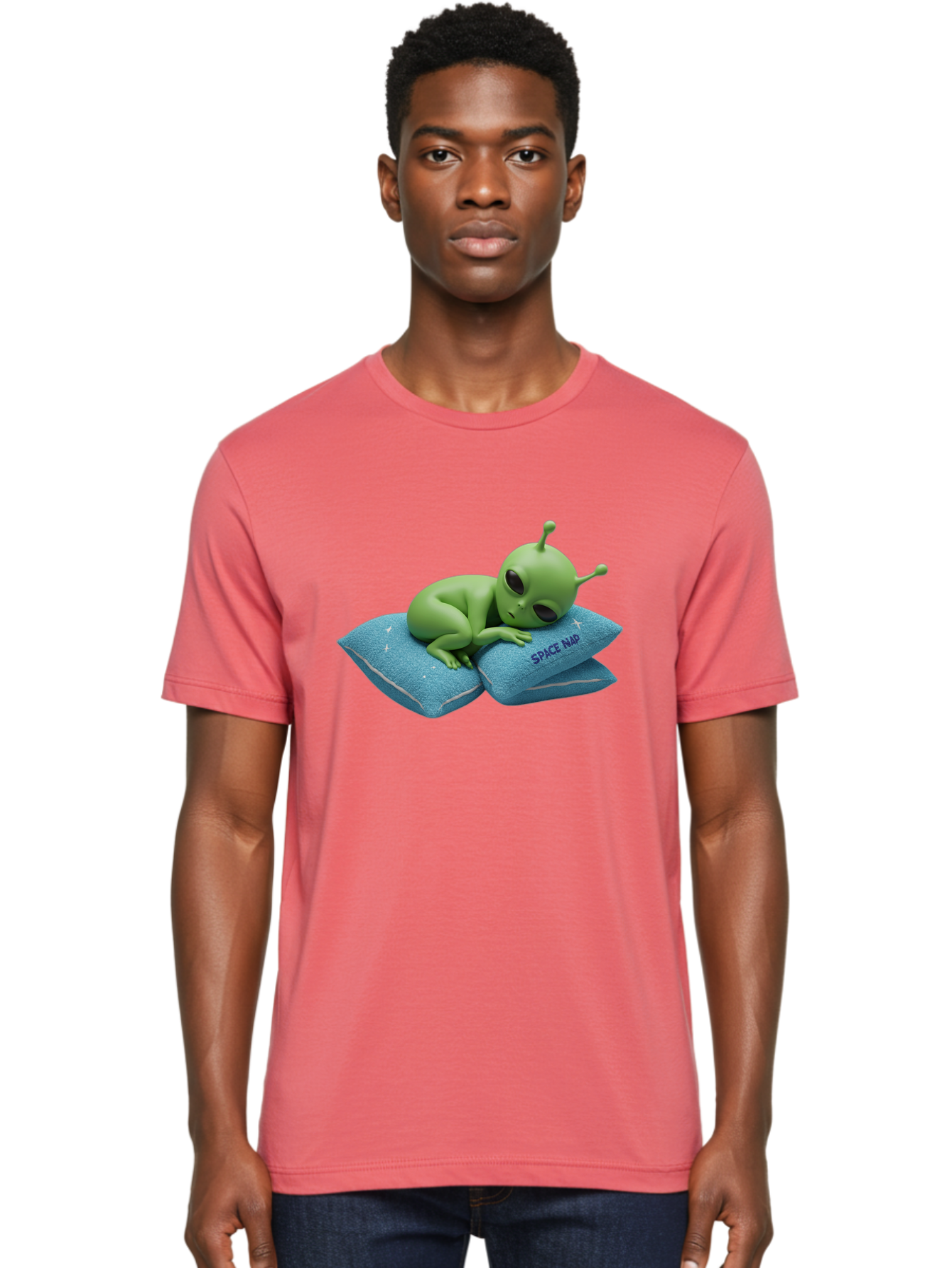 Alien-Sleeping-On-Pillows Men'S Graphic Tee, 100% Cotton, Comfortable Casual Summer Wear, Machine Washable, Alien Resting On Pillows, Extraterrestrial Being, Space Map, Stars, Sleepy Alien, Cute Cartoon Character, 3D Illustration, Funny Meme Bac583
