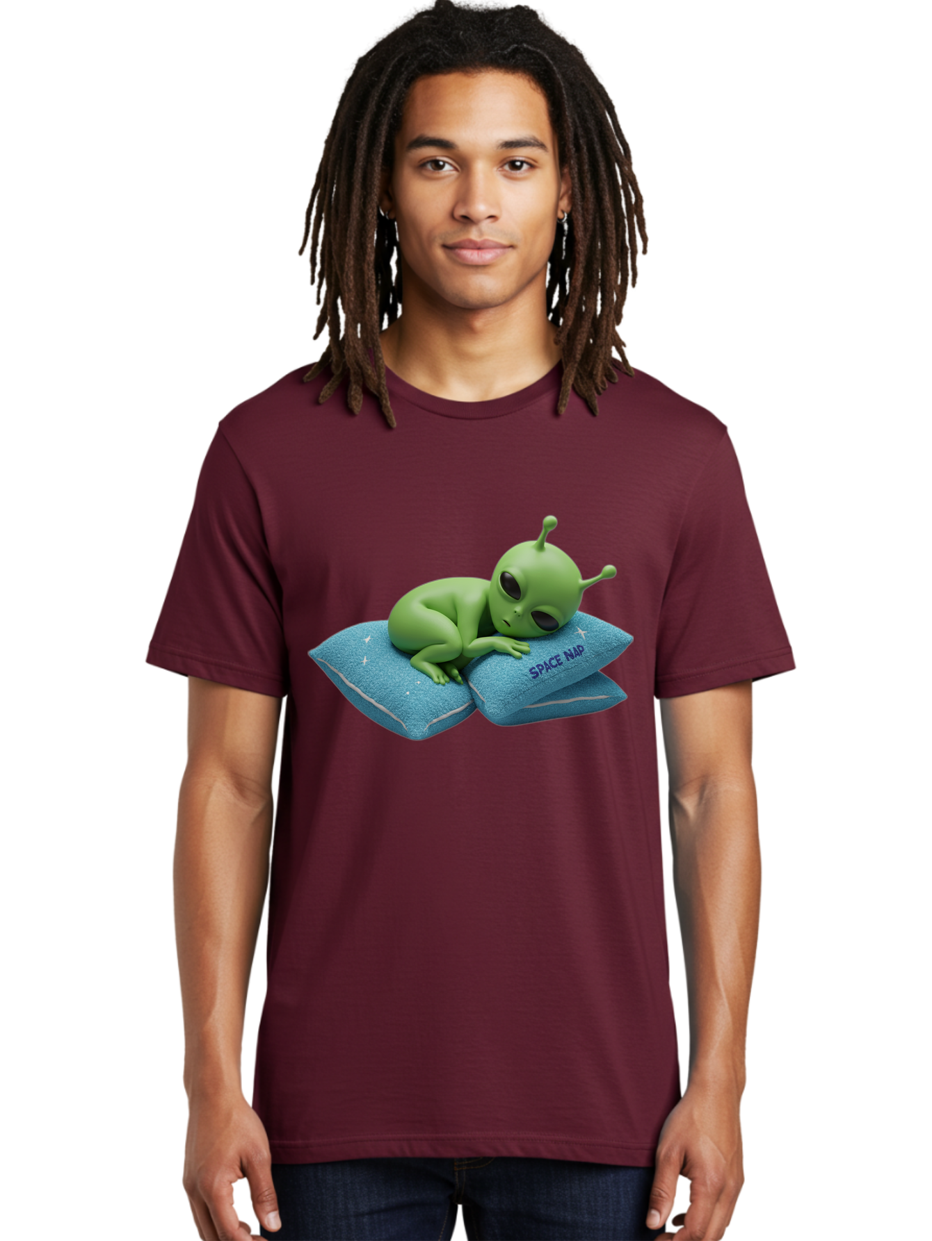 Alien-Sleeping-On-Pillows Men'S Graphic Tee, 100% Cotton, Comfortable Casual Summer Wear, Machine Washable, Alien Resting On Pillows, Extraterrestrial Being, Space Map, Stars, Sleepy Alien, Cute Cartoon Character, 3D Illustration, Funny Meme Bac583