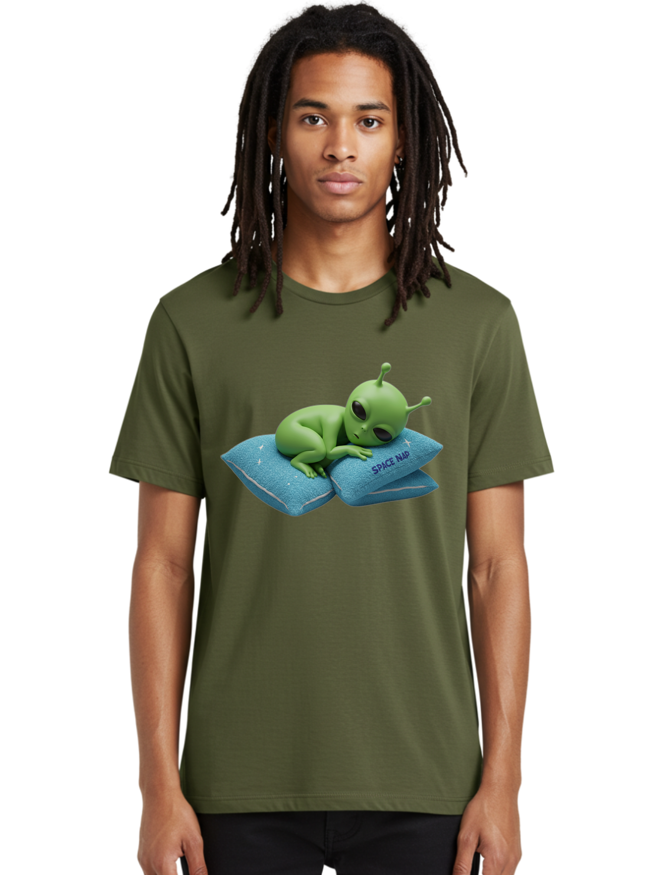 Alien-Sleeping-On-Pillows Men'S Graphic Tee, 100% Cotton, Comfortable Casual Summer Wear, Machine Washable, Alien Resting On Pillows, Extraterrestrial Being, Space Map, Stars, Sleepy Alien, Cute Cartoon Character, 3D Illustration, Funny Meme Bac583