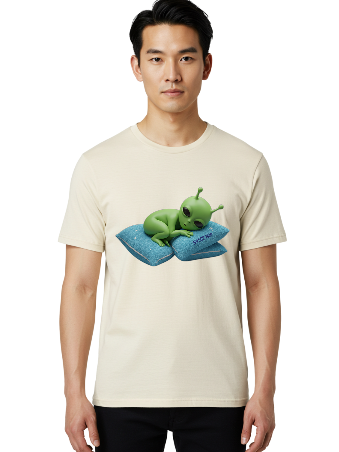 Alien-Sleeping-On-Pillows Men'S Graphic Tee, 100% Cotton, Comfortable Casual Summer Wear, Machine Washable, Alien Resting On Pillows, Extraterrestrial Being, Space Map, Stars, Sleepy Alien, Cute Cartoon Character, 3D Illustration, Funny Meme Bac583