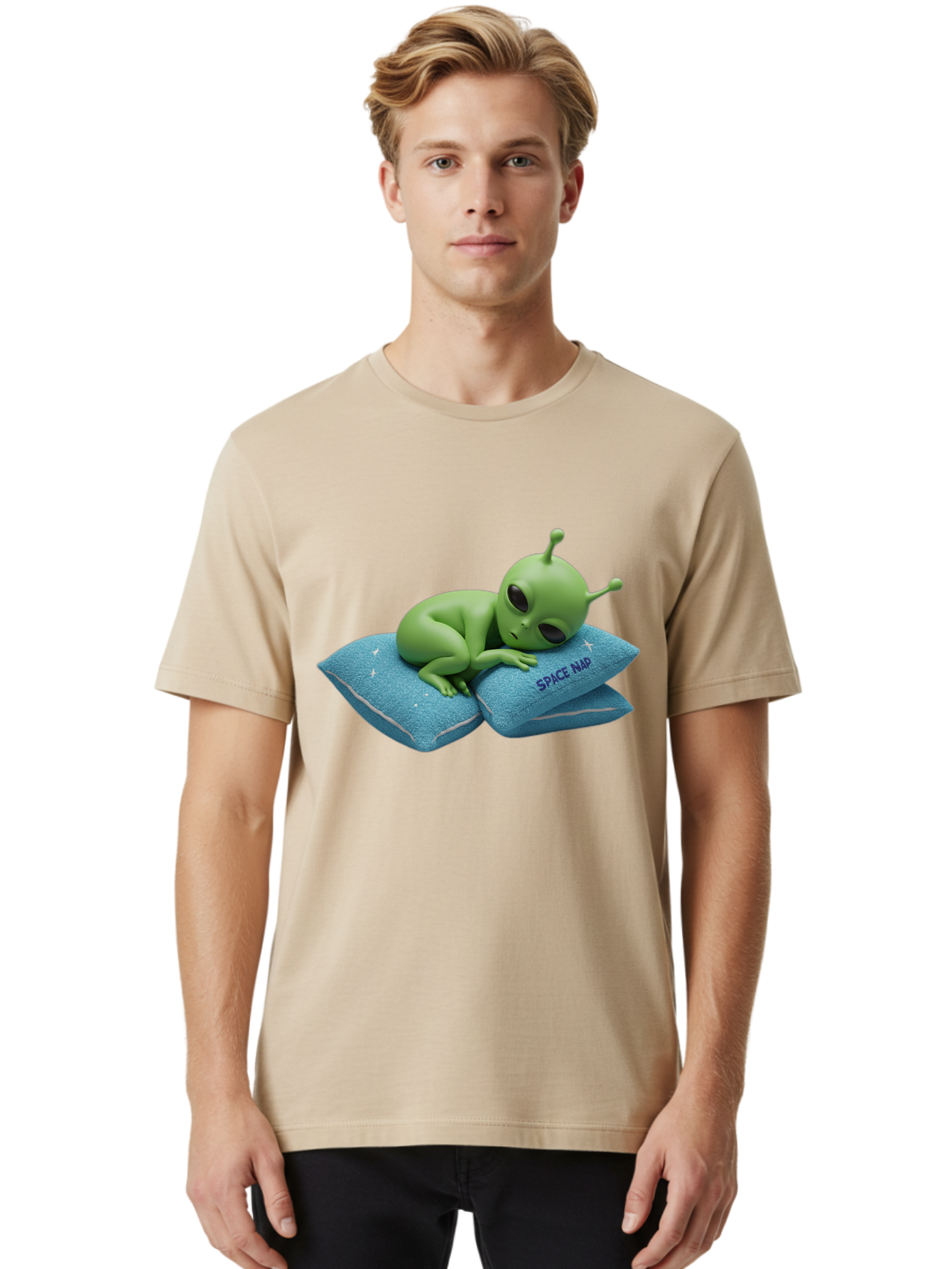 Alien-Sleeping-On-Pillows Men'S Graphic Tee, 100% Cotton, Comfortable Casual Summer Wear, Machine Washable, Alien Resting On Pillows, Extraterrestrial Being, Space Map, Stars, Sleepy Alien, Cute Cartoon Character, 3D Illustration, Funny Meme Bac583