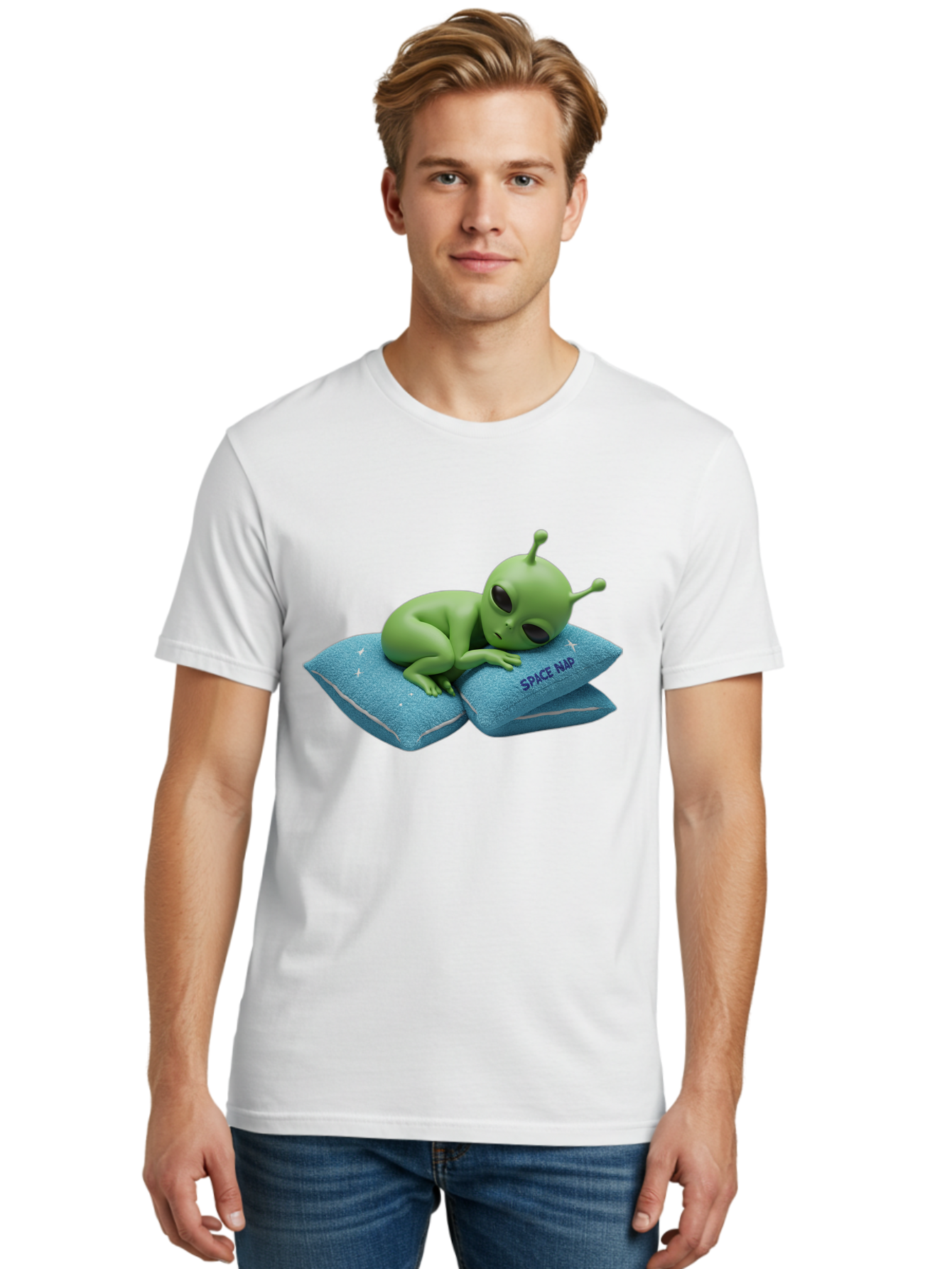 Alien-Sleeping-On-Pillows Men'S Graphic Tee, 100% Cotton, Comfortable Casual Summer Wear, Machine Washable, Alien Resting On Pillows, Extraterrestrial Being, Space Map, Stars, Sleepy Alien, Cute Cartoon Character, 3D Illustration, Funny Meme Bac583