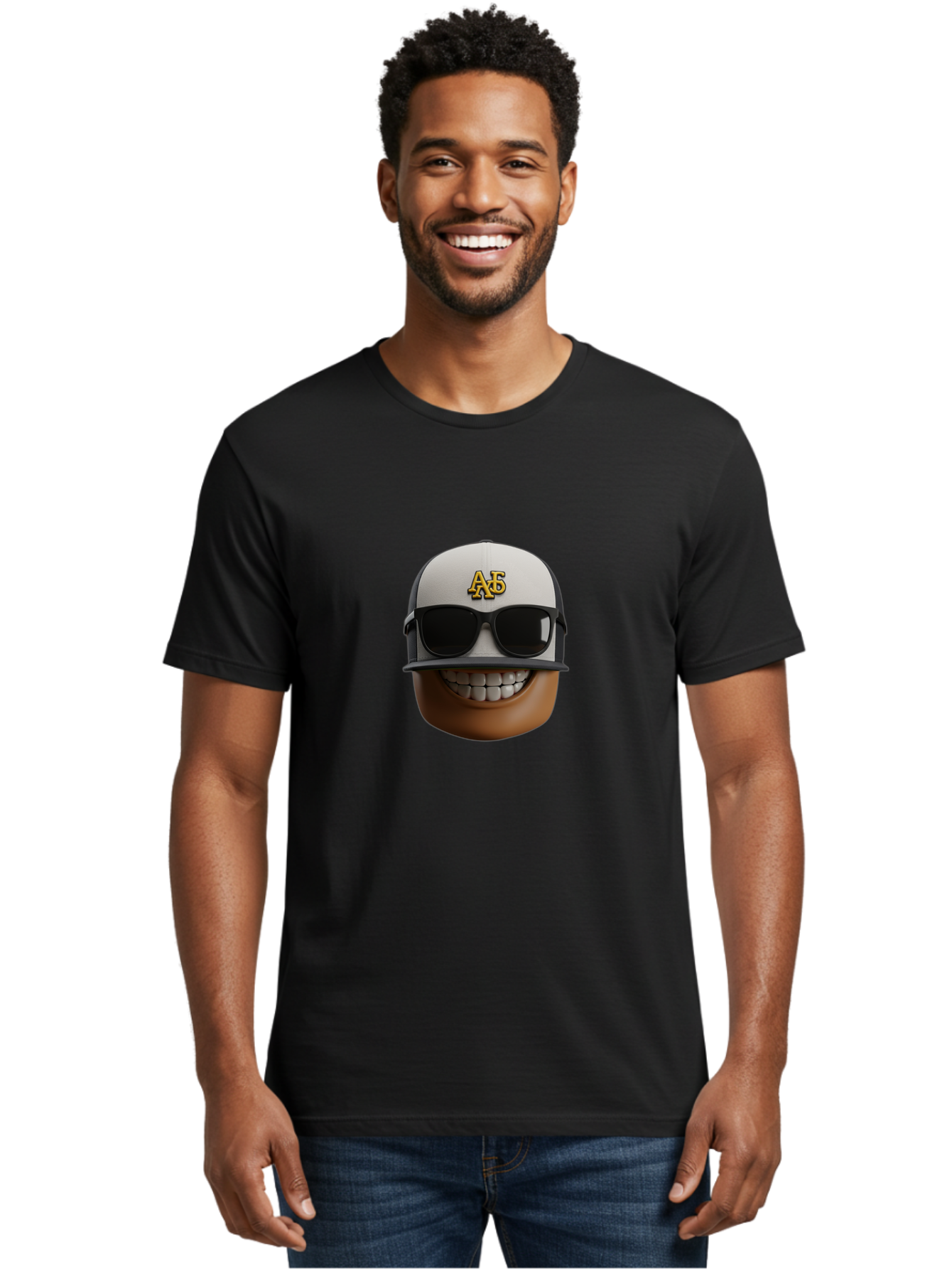 Alpha-Phi-Alpha-Emoji Men'S Graphic Tee, 100% Cotton, Comfortable Casual Summer Wear, Machine Washable, Smiling Face, Sunglasses, Baseball Cap, White Hat, Greek Letters, Alpha Phi Alpha, Fraternity Symbol, Cool Guy, Happy Expression, Bac584