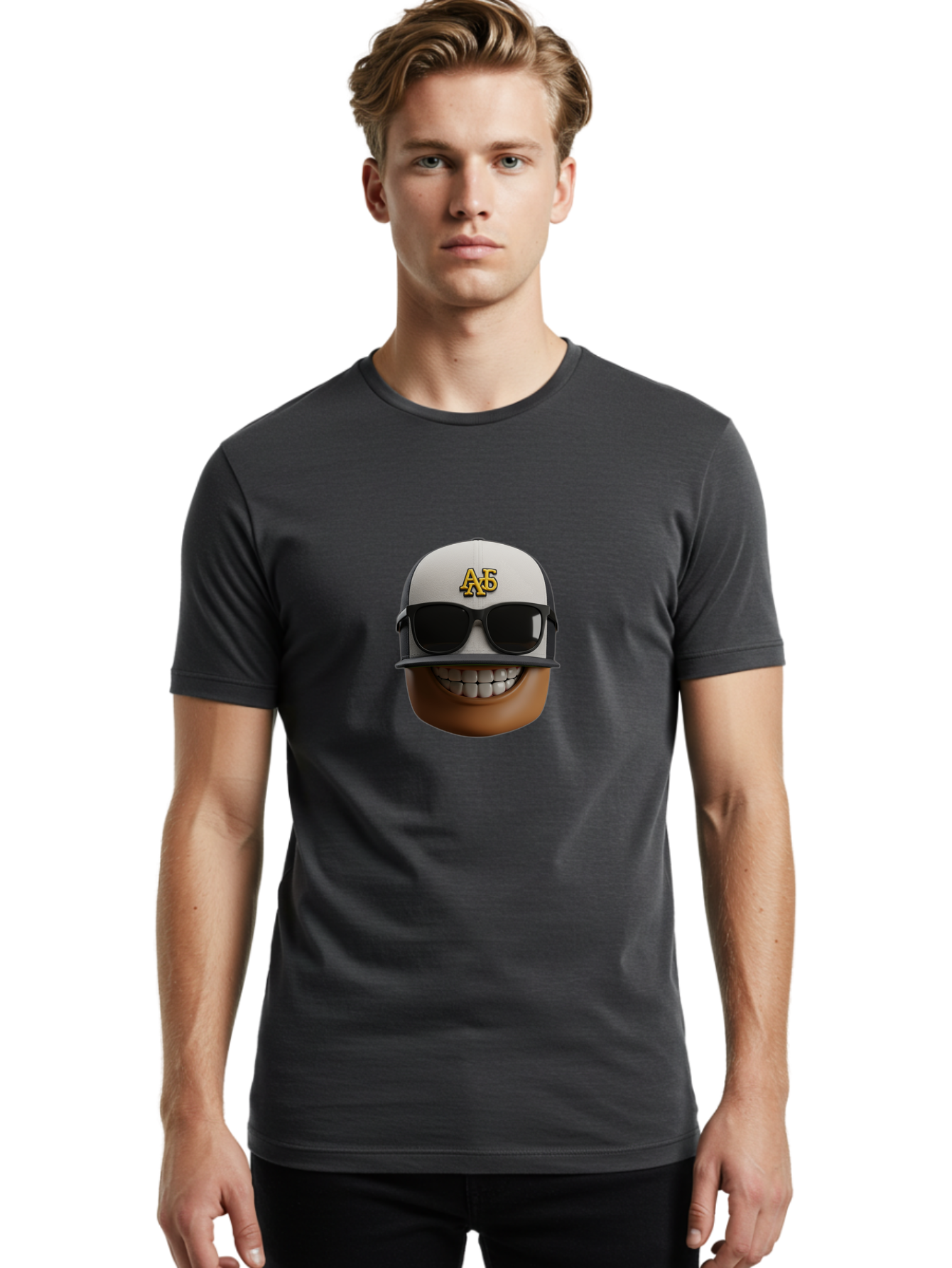 Alpha-Phi-Alpha-Emoji Men'S Graphic Tee, 100% Cotton, Comfortable Casual Summer Wear, Machine Washable, Smiling Face, Sunglasses, Baseball Cap, White Hat, Greek Letters, Alpha Phi Alpha, Fraternity Symbol, Cool Guy, Happy Expression, Bac584