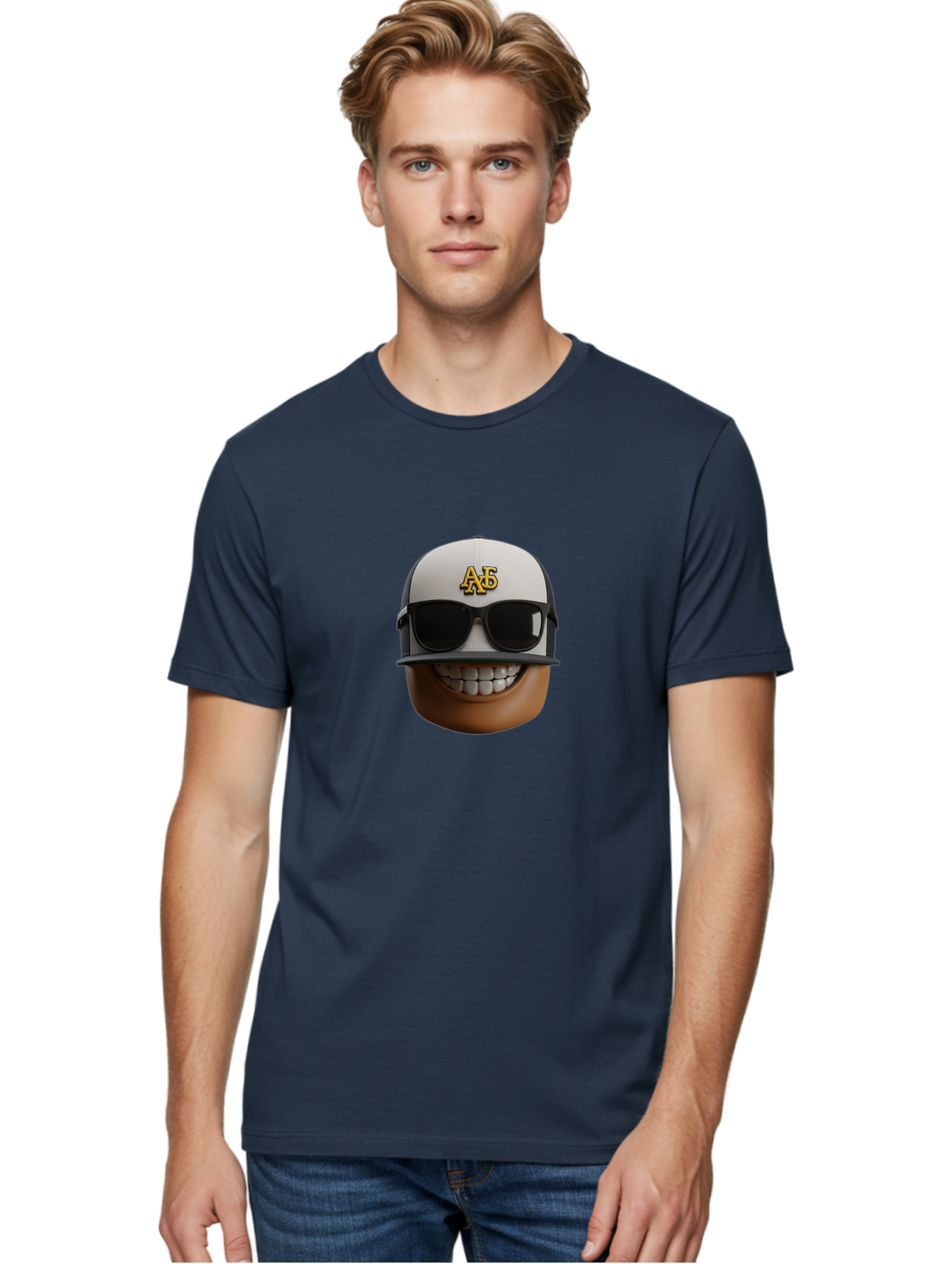 Alpha-Phi-Alpha-Emoji Men'S Graphic Tee, 100% Cotton, Comfortable Casual Summer Wear, Machine Washable, Smiling Face, Sunglasses, Baseball Cap, White Hat, Greek Letters, Alpha Phi Alpha, Fraternity Symbol, Cool Guy, Happy Expression, Bac584