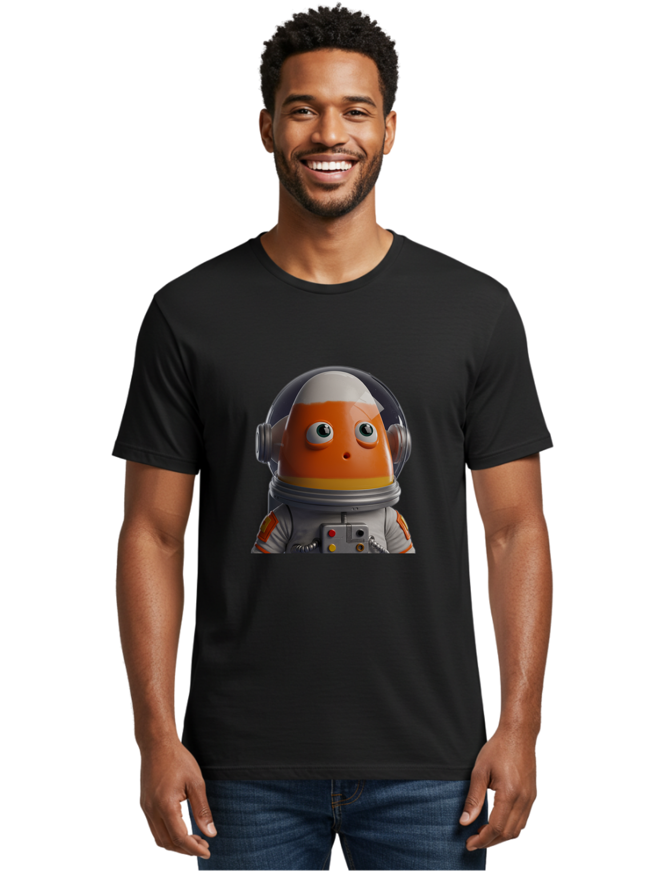 Astronaut-Fish Men'S Graphic Tee, 100% Cotton, Comfortable Casual Summer Wear, Machine Washable, Futuristic Astronaut, Candy-Themed Space Suit, Orange And White Colors, Cartoon-Style Character, Space Exploration, Sci-Fi Elements, Bac589
