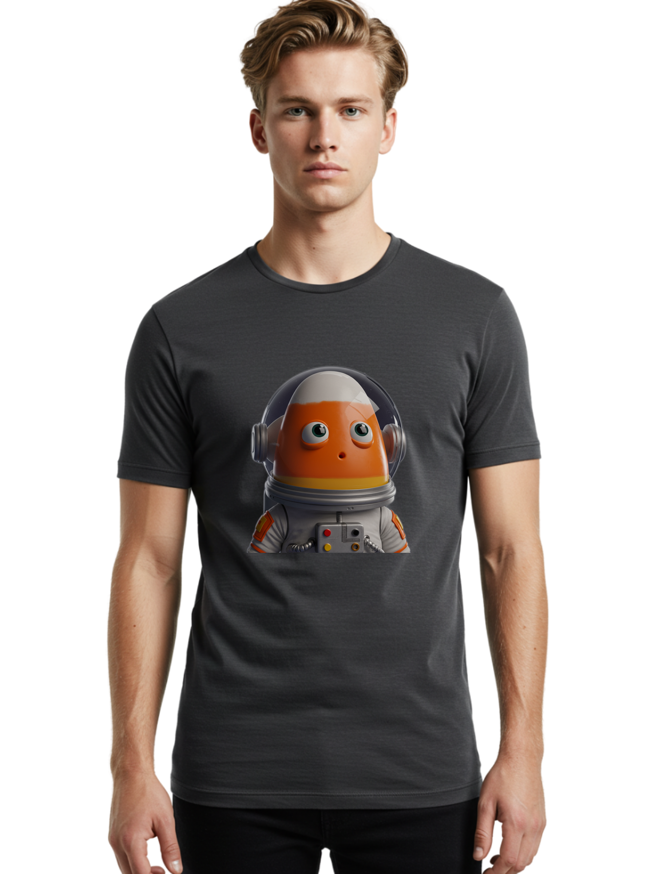 Astronaut-Fish Men'S Graphic Tee, 100% Cotton, Comfortable Casual Summer Wear, Machine Washable, Futuristic Astronaut, Candy-Themed Space Suit, Orange And White Colors, Cartoon-Style Character, Space Exploration, Sci-Fi Elements, Bac589
