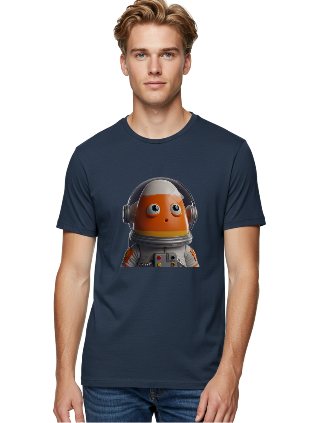 Astronaut-Fish Men'S Graphic Tee, 100% Cotton, Comfortable Casual Summer Wear, Machine Washable, Futuristic Astronaut, Candy-Themed Space Suit, Orange And White Colors, Cartoon-Style Character, Space Exploration, Sci-Fi Elements, Bac589