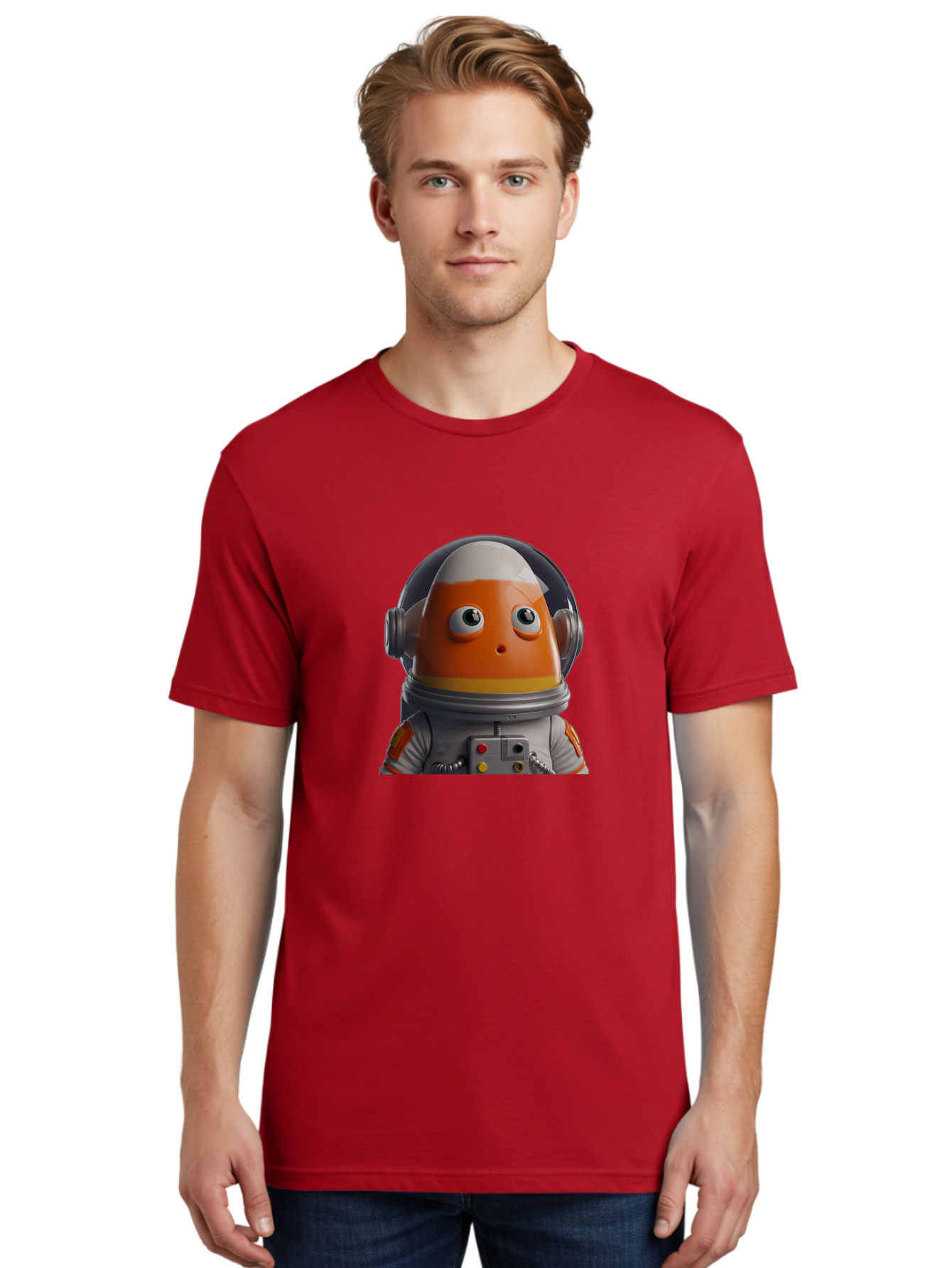 Astronaut-Fish Men'S Graphic Tee, 100% Cotton, Comfortable Casual Summer Wear, Machine Washable, Futuristic Astronaut, Candy-Themed Space Suit, Orange And White Colors, Cartoon-Style Character, Space Exploration, Sci-Fi Elements, Bac589