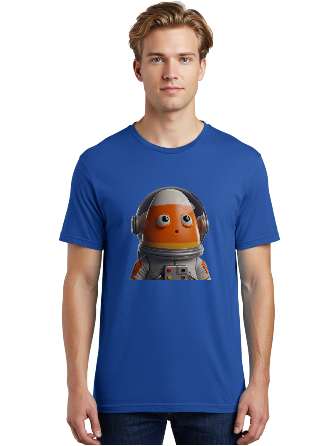 Astronaut-Fish Men'S Graphic Tee, 100% Cotton, Comfortable Casual Summer Wear, Machine Washable, Futuristic Astronaut, Candy-Themed Space Suit, Orange And White Colors, Cartoon-Style Character, Space Exploration, Sci-Fi Elements, Bac589