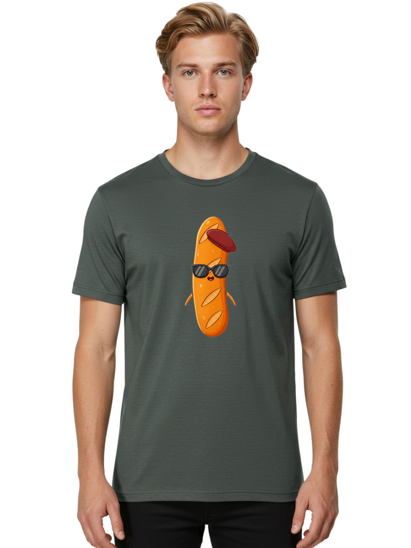 Baguette-Character Men'S Graphic Tee, 100% Cotton, Comfortable Casual Summer Wear, Machine Washable, Cartoon Baguette, Anthropomorphic Bread, Sunglasses, Beret, Cute Character, Funny Mascot, Quirky Illustration, Kawaii Food, Humorous Design, Bac591