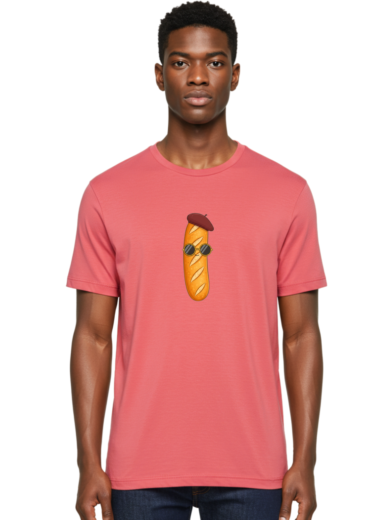 Baguette-With-Beret-And-Sunglasses Men'S Graphic Tee, 100% Cotton, Comfortable Casual Summer Wear, Machine Washable, Cartoon Baguette, French Bread, Beret Hat, Sunglasses, Cool Character, Funny Food, Whimsical Illustration, Playful Vibe, Bac592