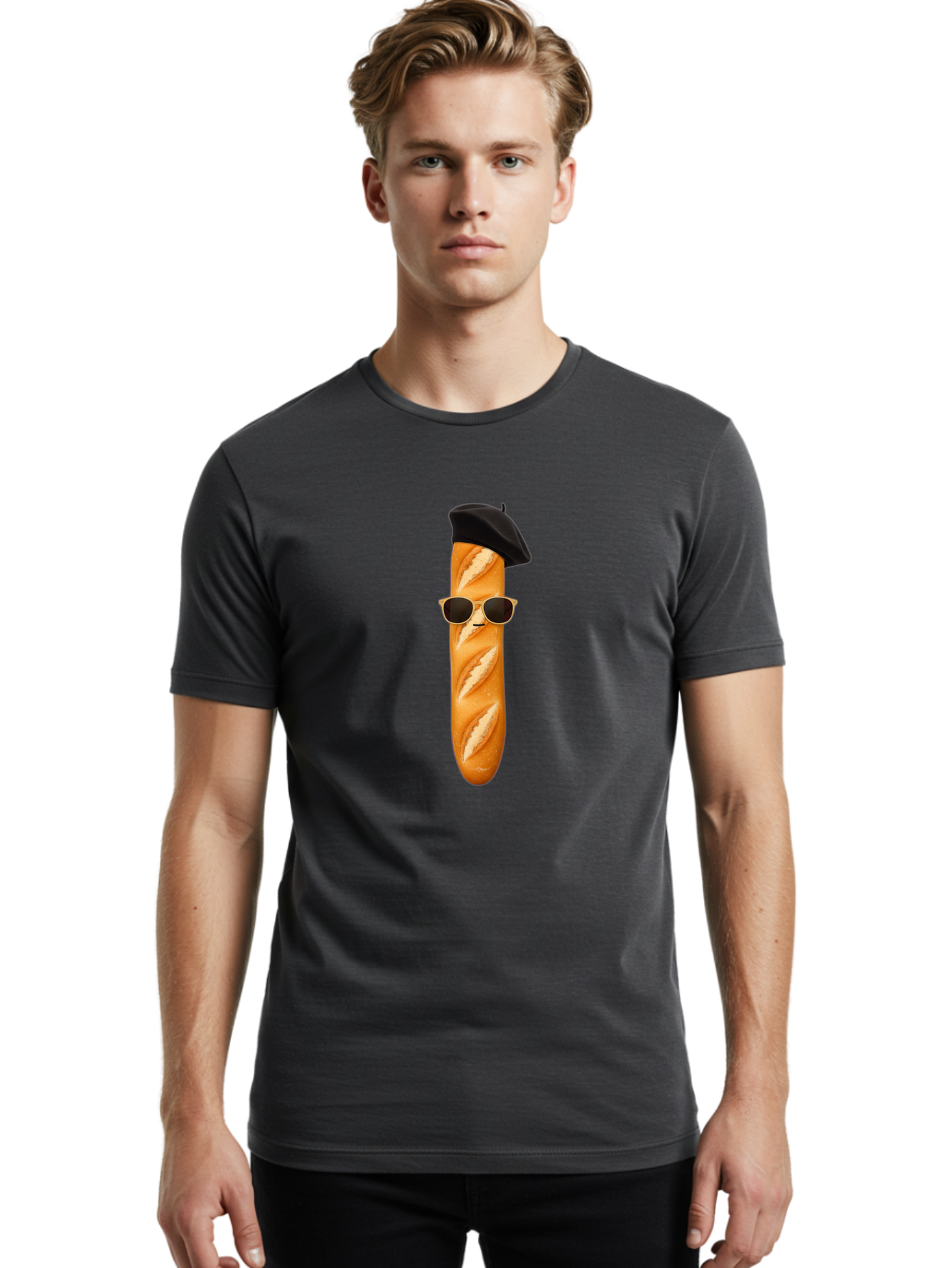 Baguette-With-Sunglasses-And-Beret-1 Men'S Graphic Tee, 100% Cotton, Comfortable Casual Summer Wear, Machine Washable, Baguette With Sunglasses, French Bread, Beret Hat, Cool Baguette, Cartoon Character, Funny Food, Charismatic Bread, Bac594