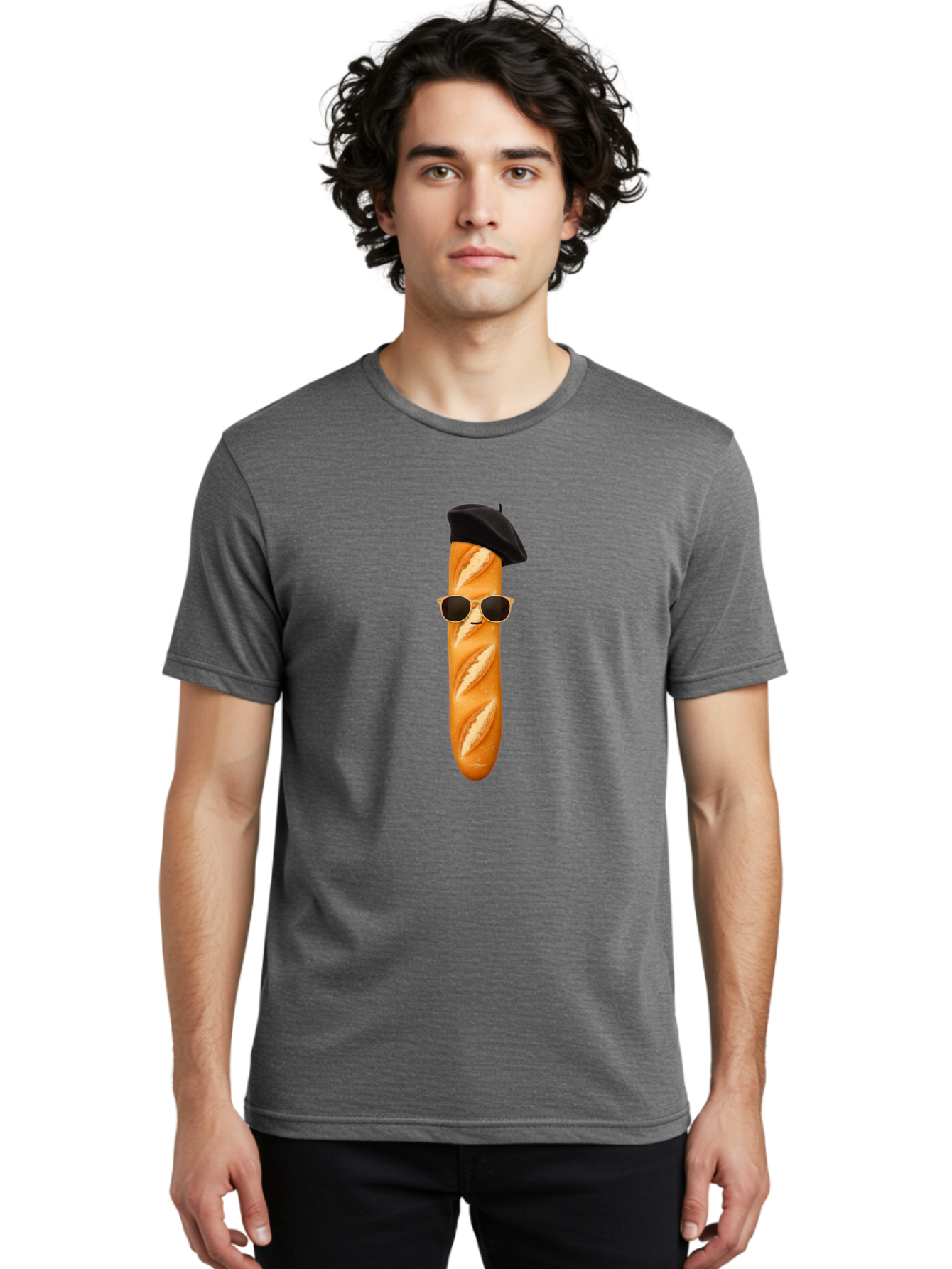Baguette-With-Sunglasses-And-Beret-1 Men'S Graphic Tee, 100% Cotton, Comfortable Casual Summer Wear, Machine Washable, Baguette With Sunglasses, French Bread, Beret Hat, Cool Baguette, Cartoon Character, Funny Food, Charismatic Bread, Bac594