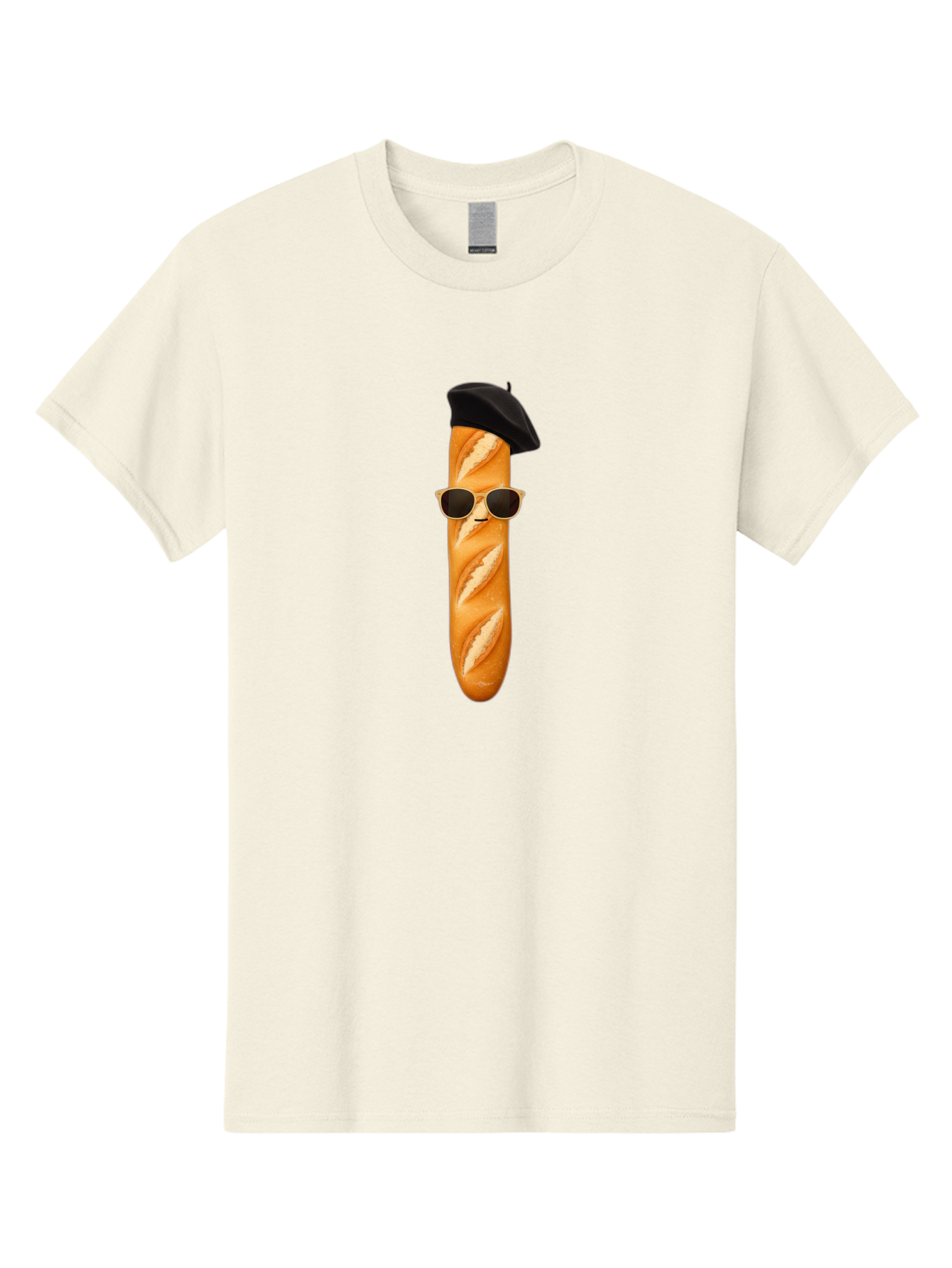 Baguette-With-Sunglasses-And-Beret-1 Men'S Graphic Tee, 100% Cotton, Comfortable Casual Summer Wear, Machine Washable, Baguette With Sunglasses, French Bread, Beret Hat, Cool Baguette, Cartoon Character, Funny Food, Charismatic Bread, Bac594