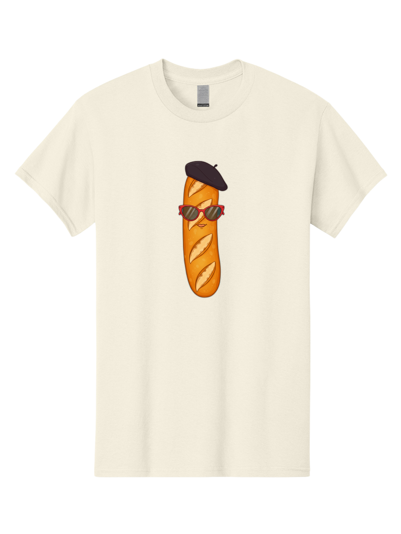 Baguette-With-Sunglasses-And-Beret Men'S Graphic Tee, 100% Cotton, Comfortable Casual Summer Wear, Machine Washable, Cartoon Baguette, Beret Hat, Red Sunglasses, French Cuisine, Bread Character, Quirky Illustration, Fun Design, Loaf Of Bread, Bac595