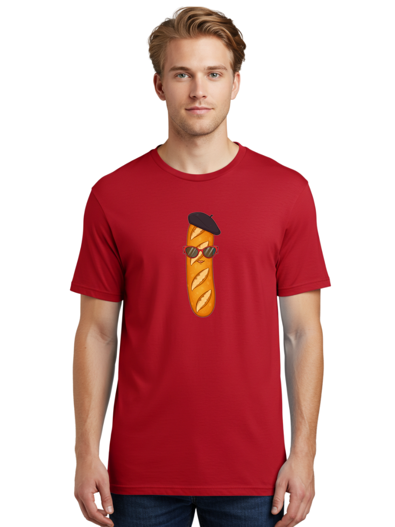 Baguette-With-Sunglasses-And-Beret Men'S Graphic Tee, 100% Cotton, Comfortable Casual Summer Wear, Machine Washable, Cartoon Baguette, Beret Hat, Red Sunglasses, French Cuisine, Bread Character, Quirky Illustration, Fun Design, Loaf Of Bread, Bac595