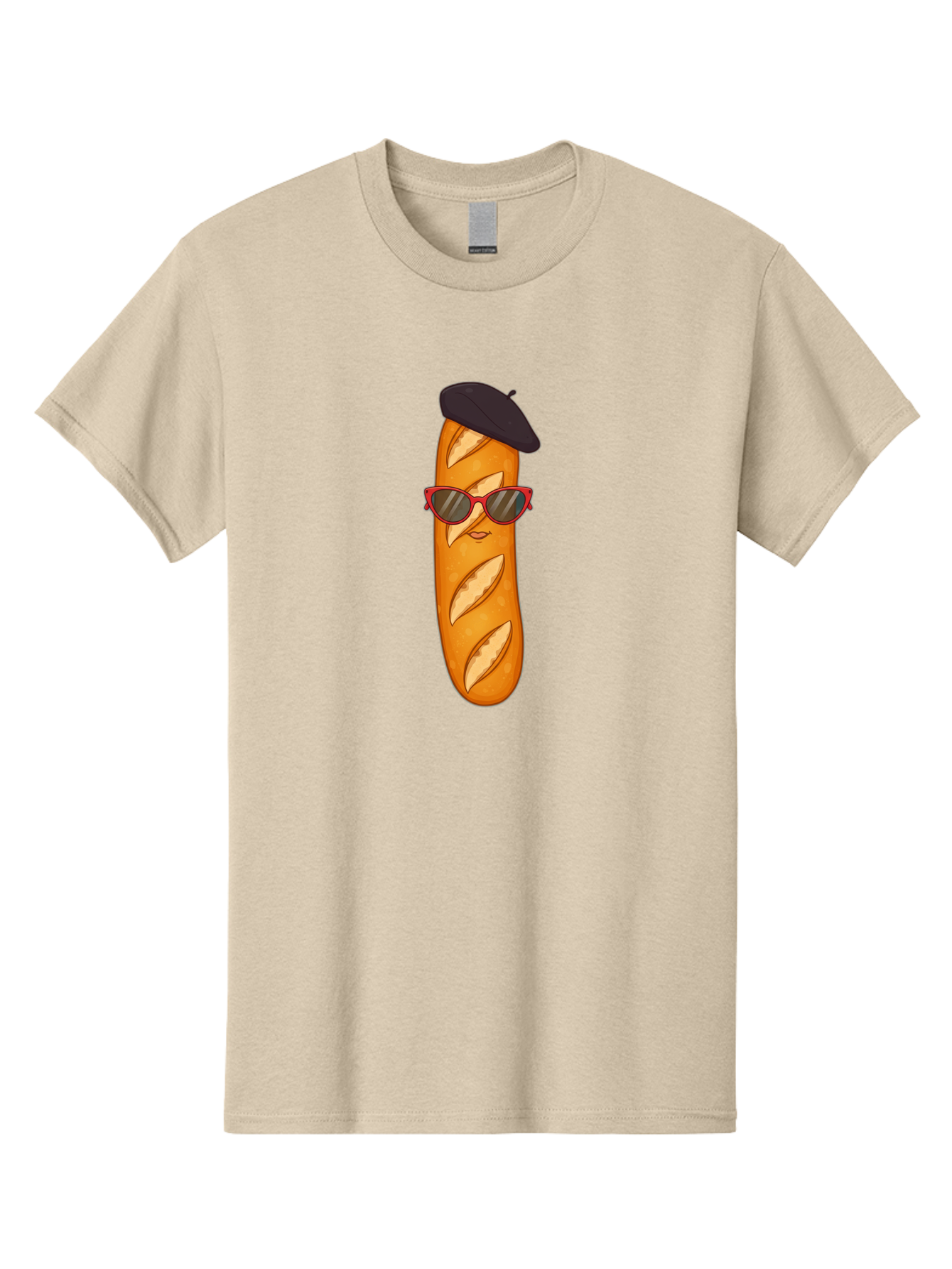 Baguette-With-Sunglasses-And-Beret Men'S Graphic Tee, 100% Cotton, Comfortable Casual Summer Wear, Machine Washable, Cartoon Baguette, Beret Hat, Red Sunglasses, French Cuisine, Bread Character, Quirky Illustration, Fun Design, Loaf Of Bread, Bac595