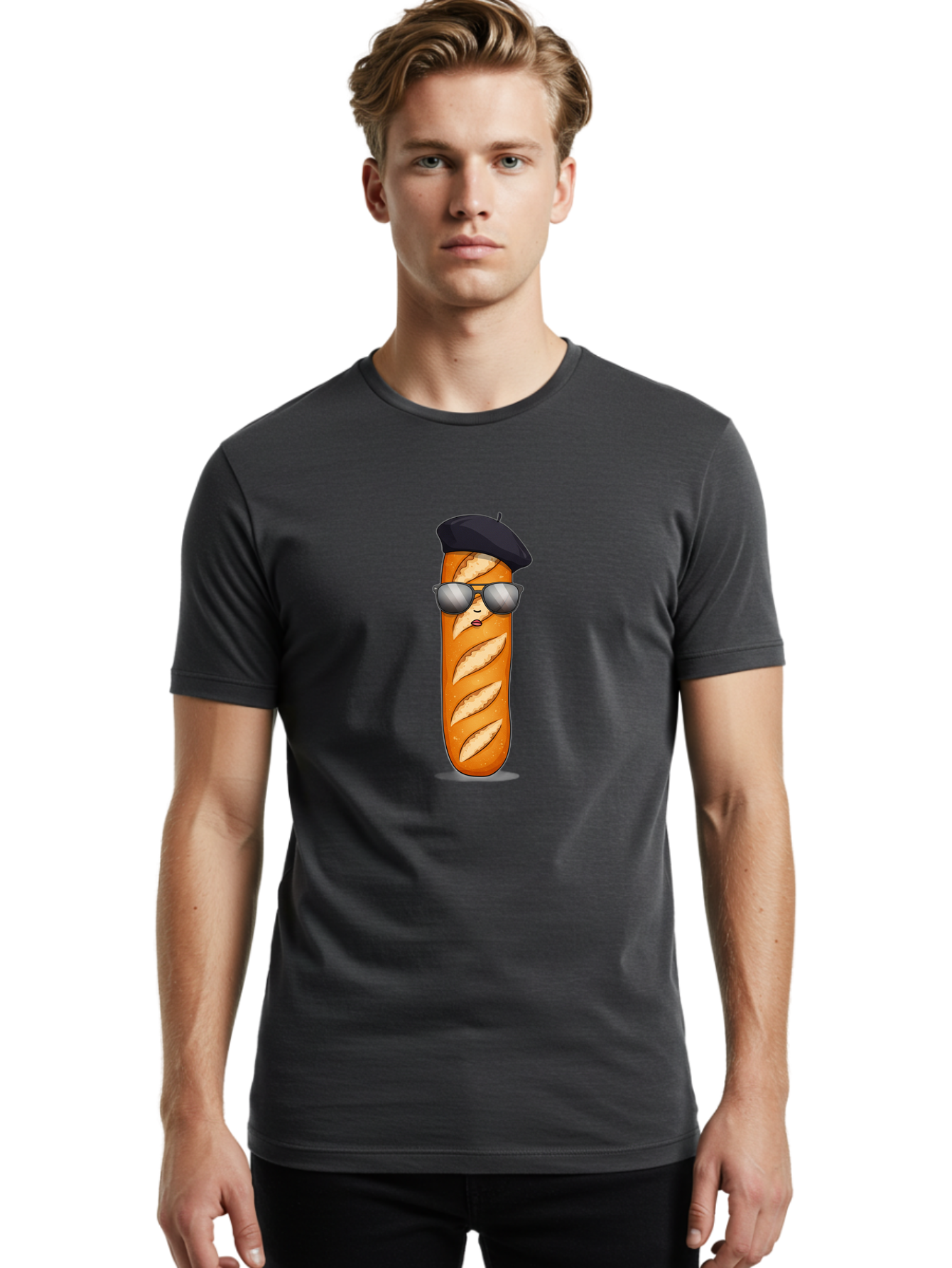 Baguette Men'S Graphic Tee, 100% Cotton, Comfortable Casual Summer Wear, Machine Washable, Cool Baguette, French Bread, Beret Hat, Trendy Sunglasses, Cartoon Character, Humorous Illustration, Funny Food Bac596
