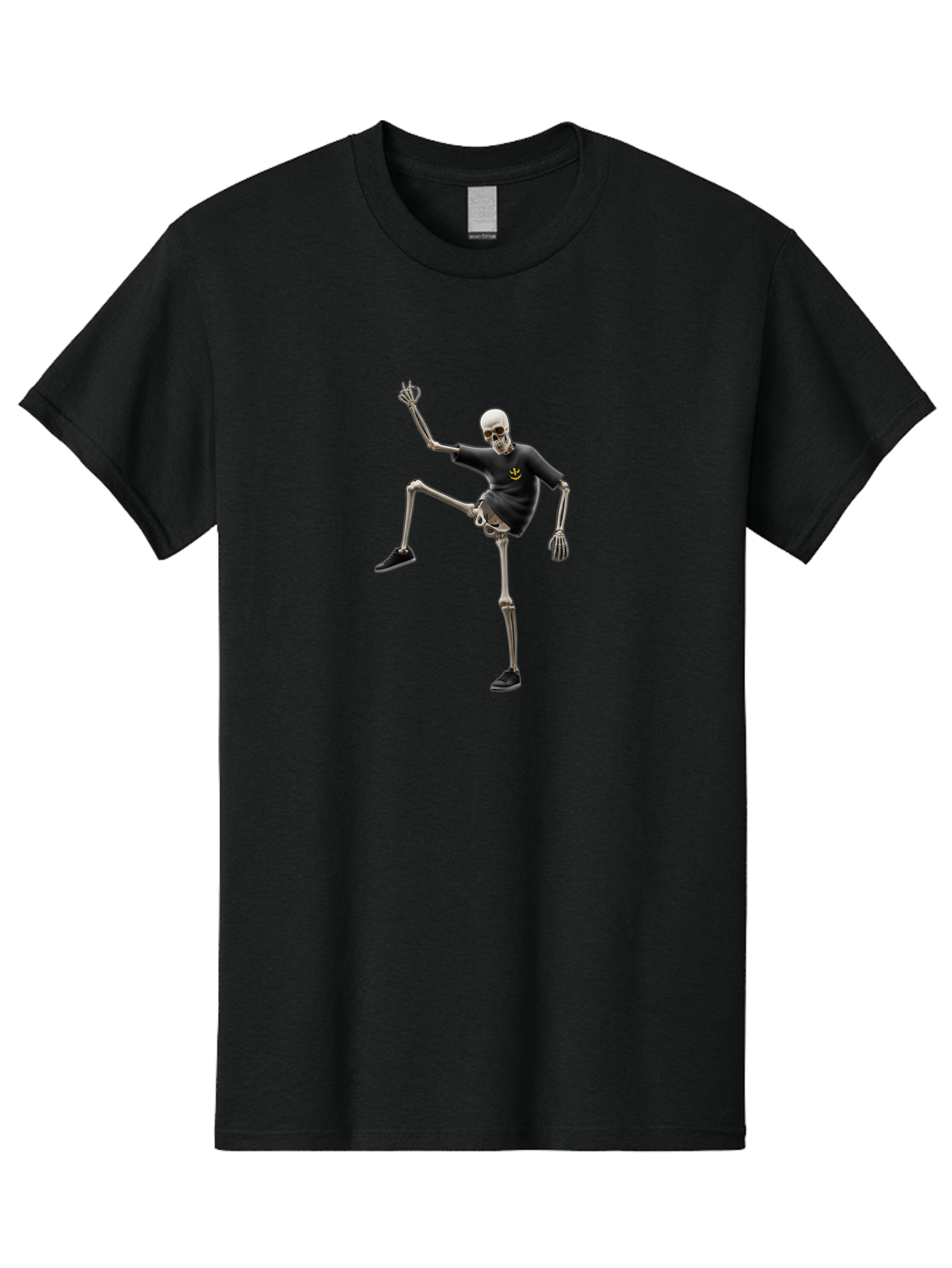 Bape-Skeleton Men'S Graphic Tee, 100% Cotton, Comfortable Casual Summer Wear, Machine Washable, Dancing Skeleton, Skeleton In T-Shirt, Yellow Logo, Dancing Pose, Black Shoes, Skeleton Illustration, Pop Culture, Fun, Quirky, Spooky, Playful, Bac597