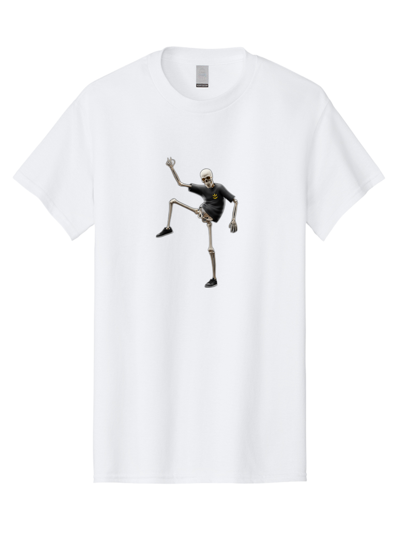 Bape-Skeleton Men'S Graphic Tee, 100% Cotton, Comfortable Casual Summer Wear, Machine Washable, Dancing Skeleton, Skeleton In T-Shirt, Yellow Logo, Dancing Pose, Black Shoes, Skeleton Illustration, Pop Culture, Fun, Quirky, Spooky, Playful, Bac597