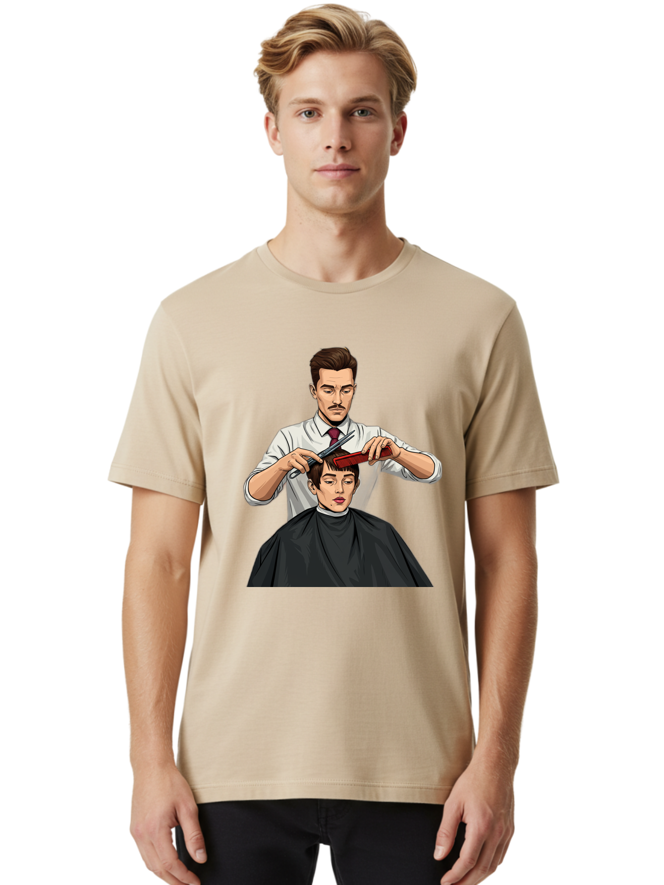 Barber-Cutting-Hair Men'S Graphic Tee, 100% Cotton, Comfortable Casual Summer Wear, Machine Washable, Barber Cutting Hair, Male Grooming, Haircut Service, Scissors And Comb, Stylish Haircut, Grooming Experience, Men'S Salon Bac602