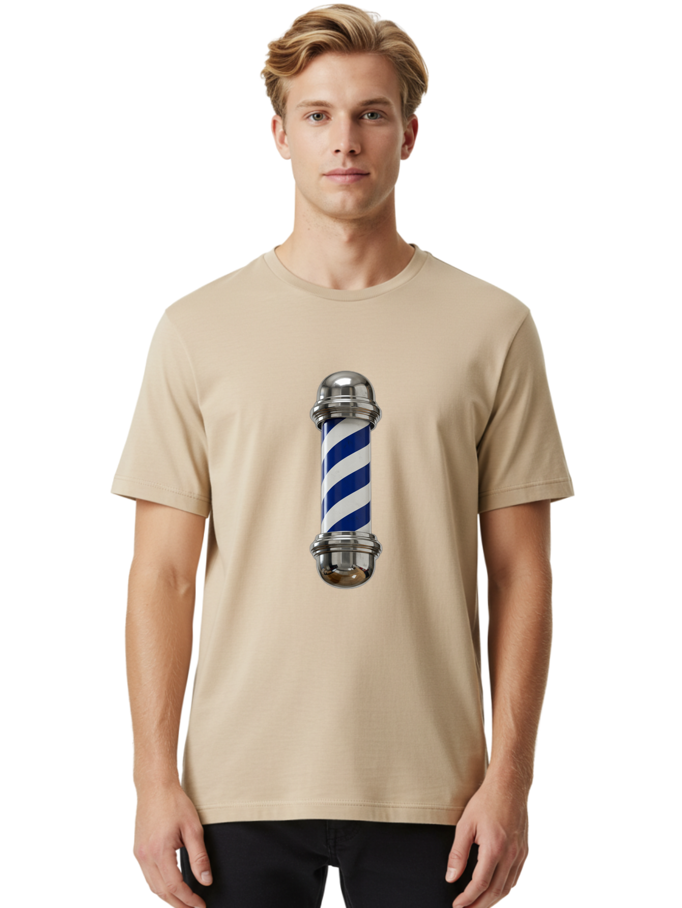 Barber-Pole Men'S Graphic Tee, 100% Cotton, Comfortable Casual Summer Wear, Machine Washable, Barber Pole, Blue And White Stripes, Silver Caps, Traditional Symbol, Barbershop Sign, Classic Design, Vintage Style, Grooming, Men'S Grooming, Bac606