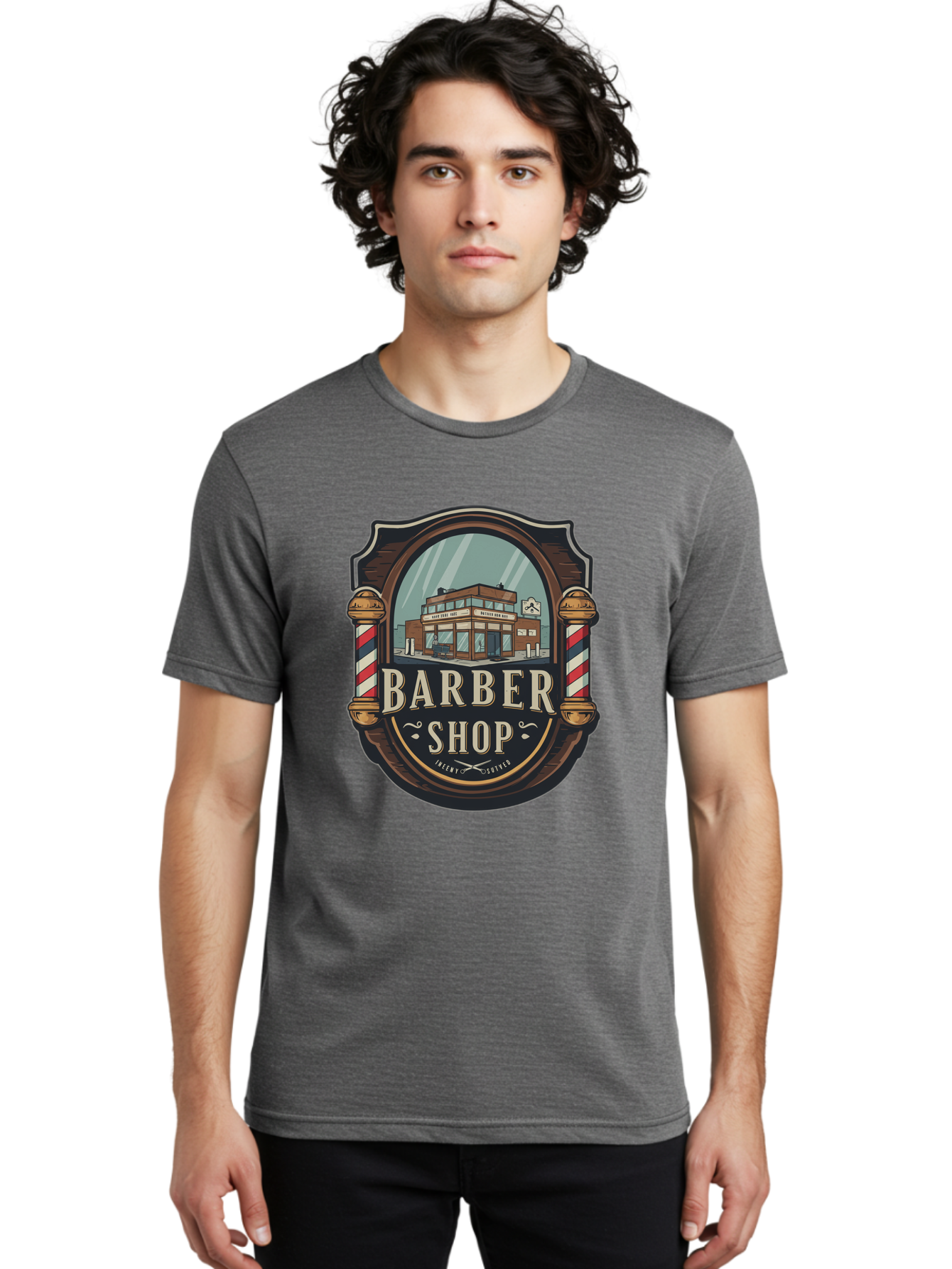 Barber-Shop-2 Men'S Graphic Tee, 100% Cotton, Comfortable Casual Summer Wear, Machine Washable, Barber Shop Logo, Vintage Barber Pole, Retro Style, Men'S Grooming, Barber Shop Sign, Classic Design, Ornate Details, Barber Shop Illustration Bac609