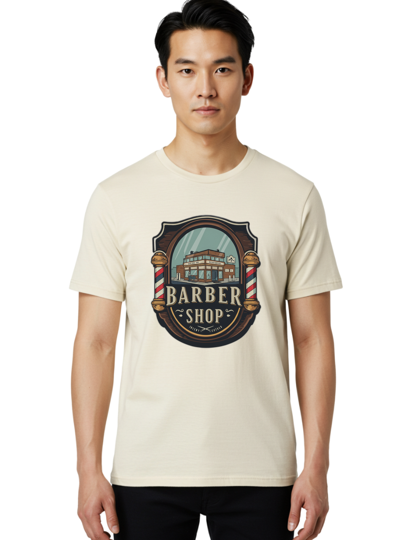 Barber-Shop-2 Men'S Graphic Tee, 100% Cotton, Comfortable Casual Summer Wear, Machine Washable, Barber Shop Logo, Vintage Barber Pole, Retro Style, Men'S Grooming, Barber Shop Sign, Classic Design, Ornate Details, Barber Shop Illustration Bac609