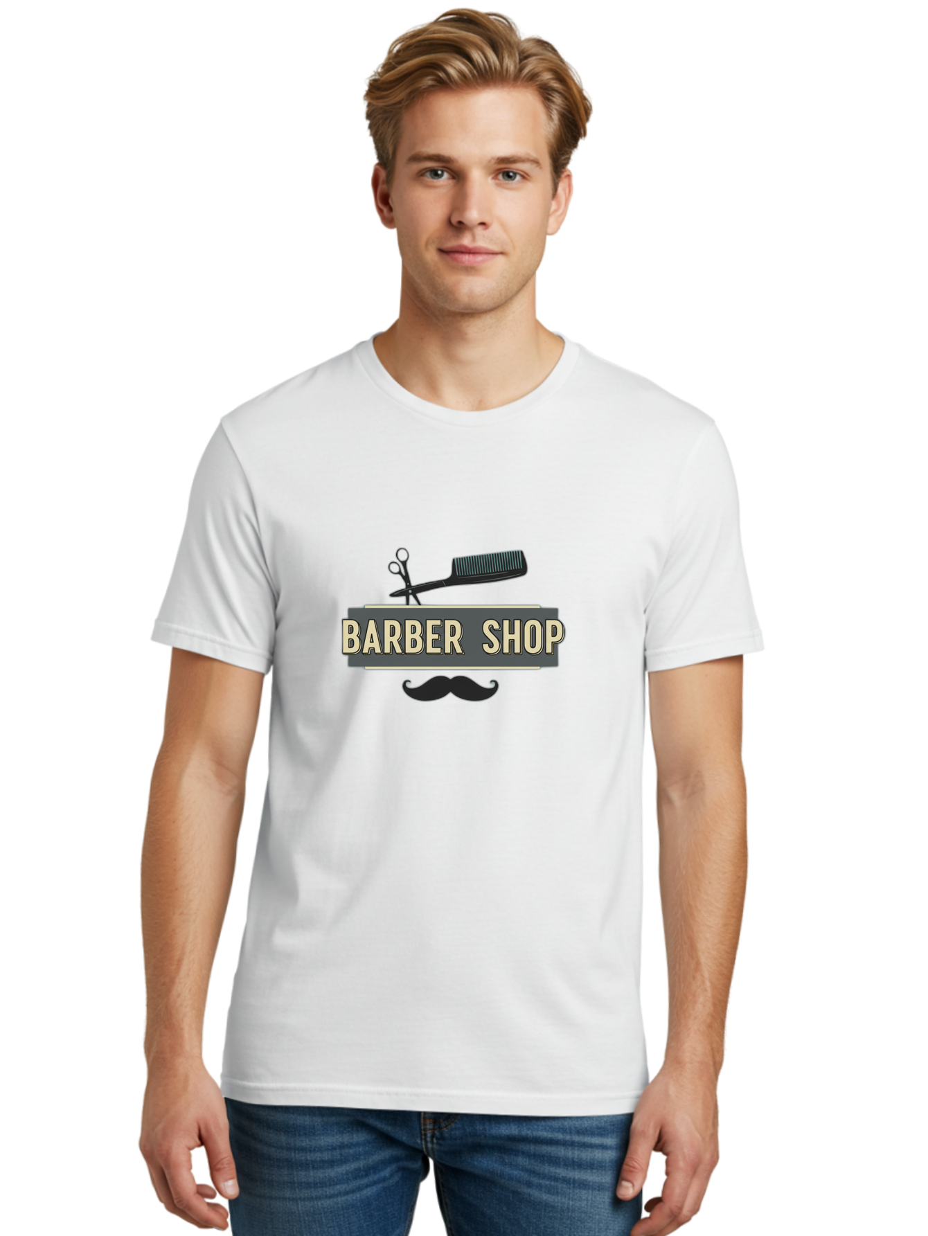 Barber-Shop Men'S Graphic Tee, 100% Cotton, Comfortable Casual Summer Wear, Machine Washable, Barber Shop Logo, Barber Shop Sign, Grooming Tools, Scissors, Comb, Mustache, Men'S Grooming, Barber Services, Haircut, Beard Care, Styling Bac611