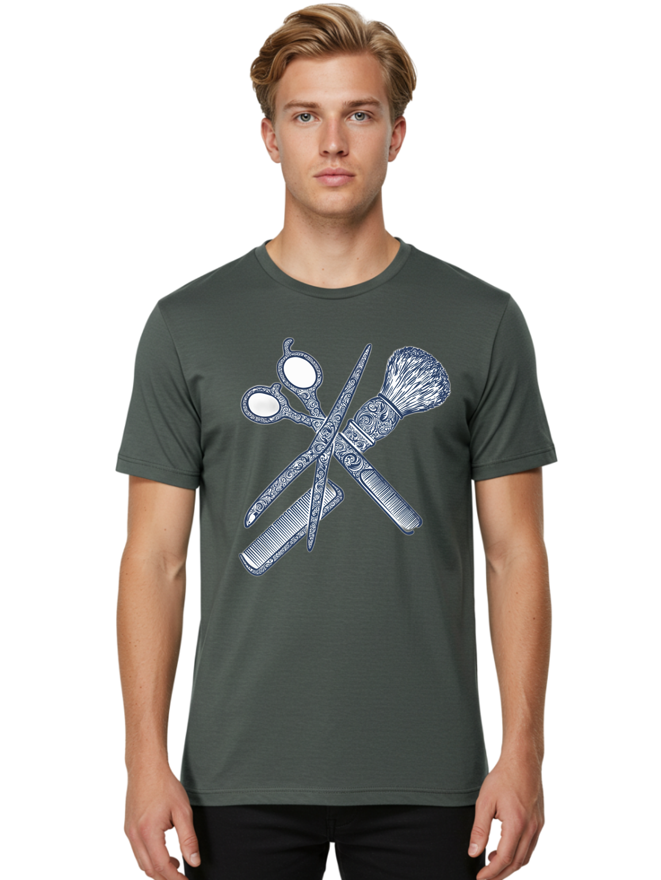 Barber-Tools Men'S Graphic Tee, 100% Cotton, Comfortable Casual Summer Wear, Machine Washable, Barber Scissors, Straight Razor, Shaving Brush, Vintage Grooming, Men'S Grooming, Classic Barber Shop, Antique Styling, Ornate Details, Bac612