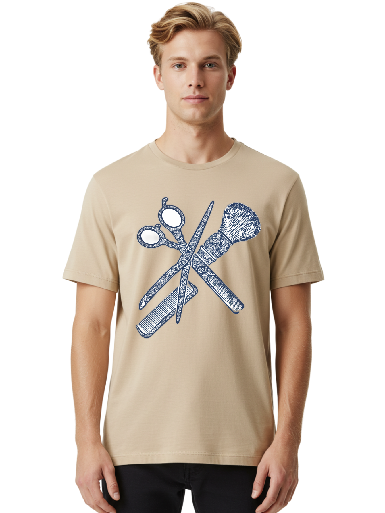 Barber-Tools Men'S Graphic Tee, 100% Cotton, Comfortable Casual Summer Wear, Machine Washable, Barber Scissors, Straight Razor, Shaving Brush, Vintage Grooming, Men'S Grooming, Classic Barber Shop, Antique Styling, Ornate Details, Bac612