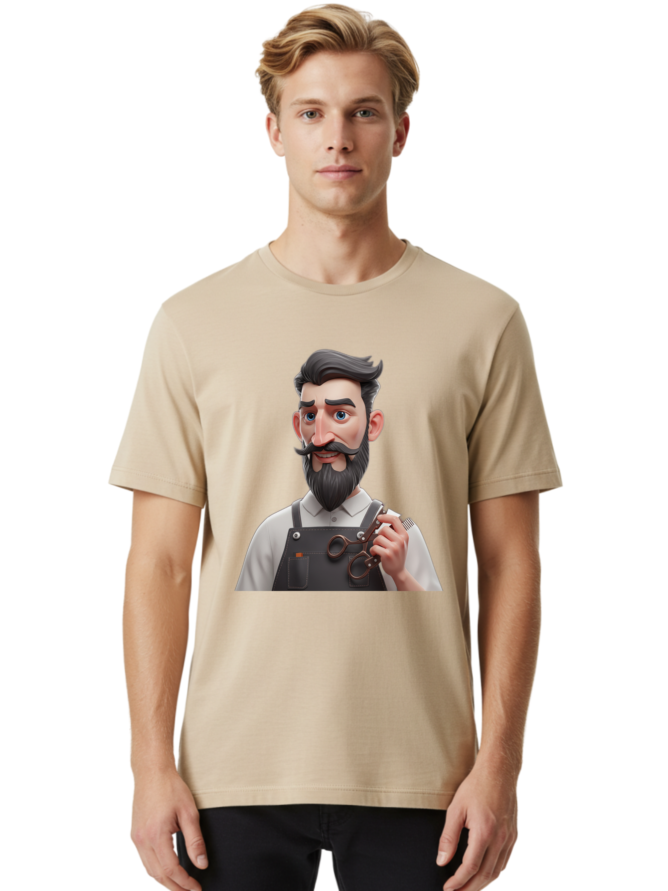 Barber Men'S Graphic Tee, 100% Cotton, Comfortable Casual Summer Wear, Machine Washable, Barber Holding Scissors, Grooming Tools, 3D Character, Bearded Man, Barber Shop, Haircut, Grooming, Male Stylist, Salon Professional Bac613