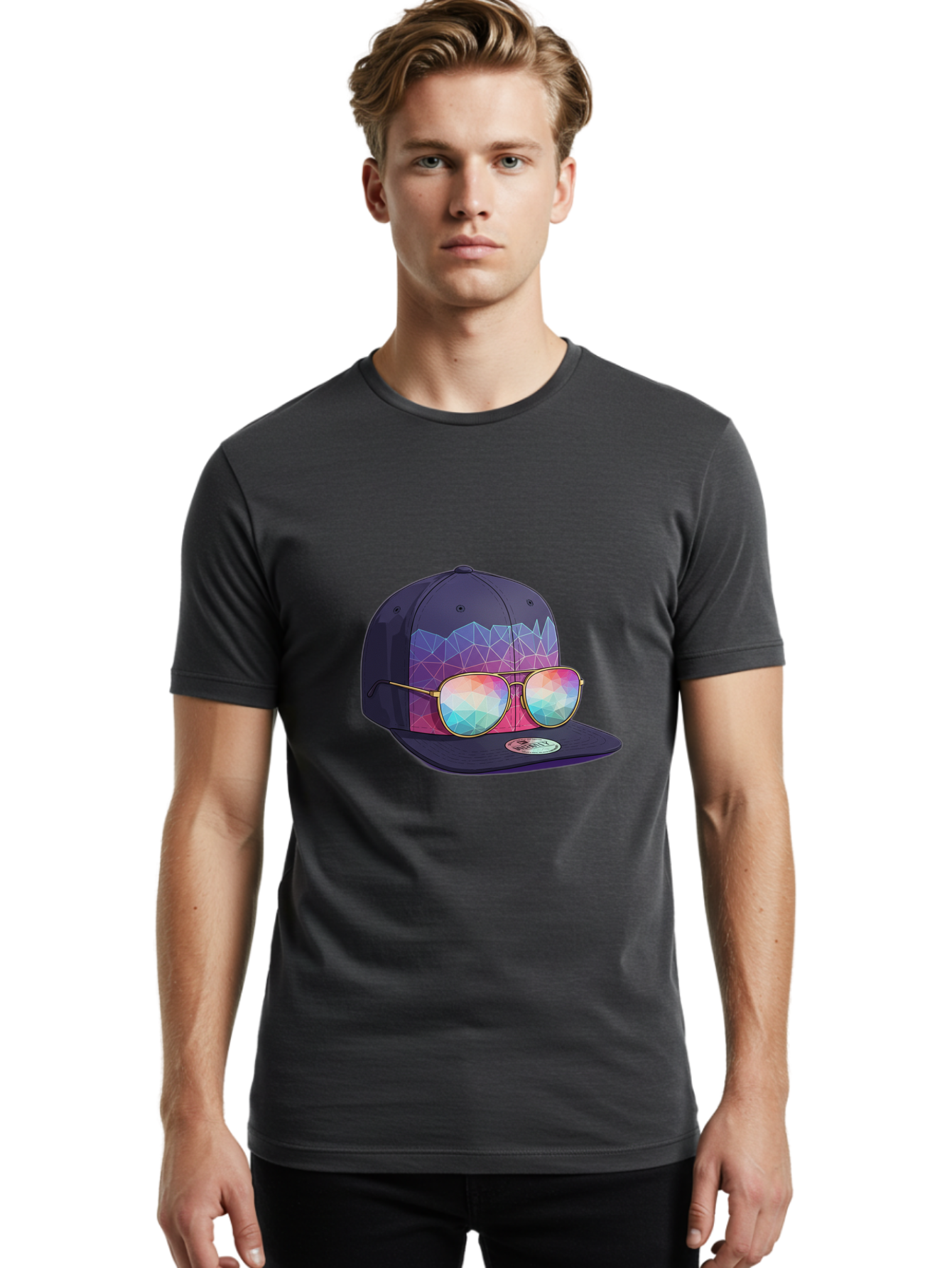 Baseball-Cap-With-Sunglasses-1 Men'S Graphic Tee, 100% Cotton, Comfortable Casual Summer Wear, Machine Washable, Baseball Cap, Sunglasses, Futuristic Style, Rainbow Colors, Gold Frames, Colorful Reflections, Modern Fashion, Trendy Accessories Bac616