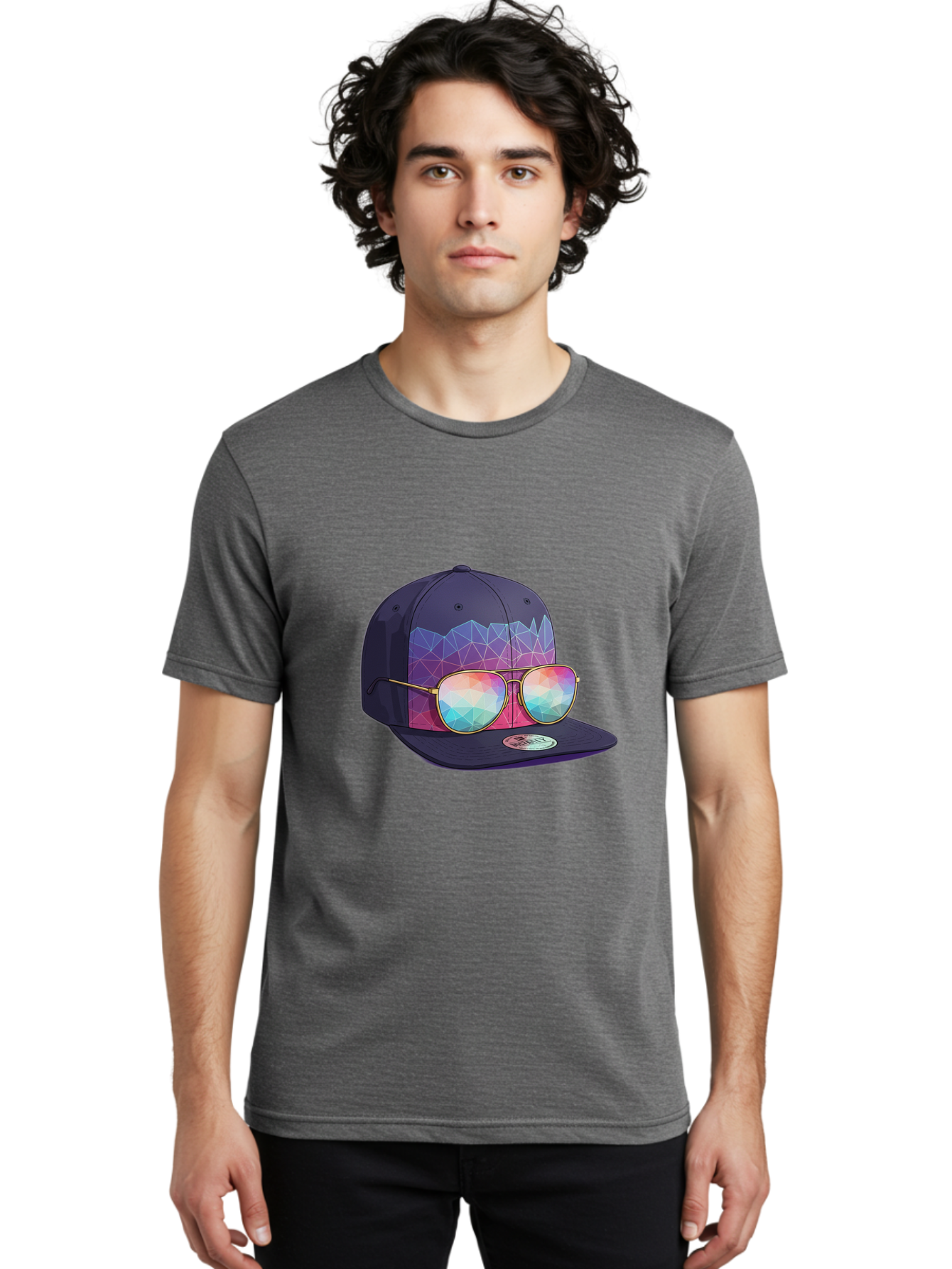 Baseball-Cap-With-Sunglasses-1 Men'S Graphic Tee, 100% Cotton, Comfortable Casual Summer Wear, Machine Washable, Baseball Cap, Sunglasses, Futuristic Style, Rainbow Colors, Gold Frames, Colorful Reflections, Modern Fashion, Trendy Accessories Bac616
