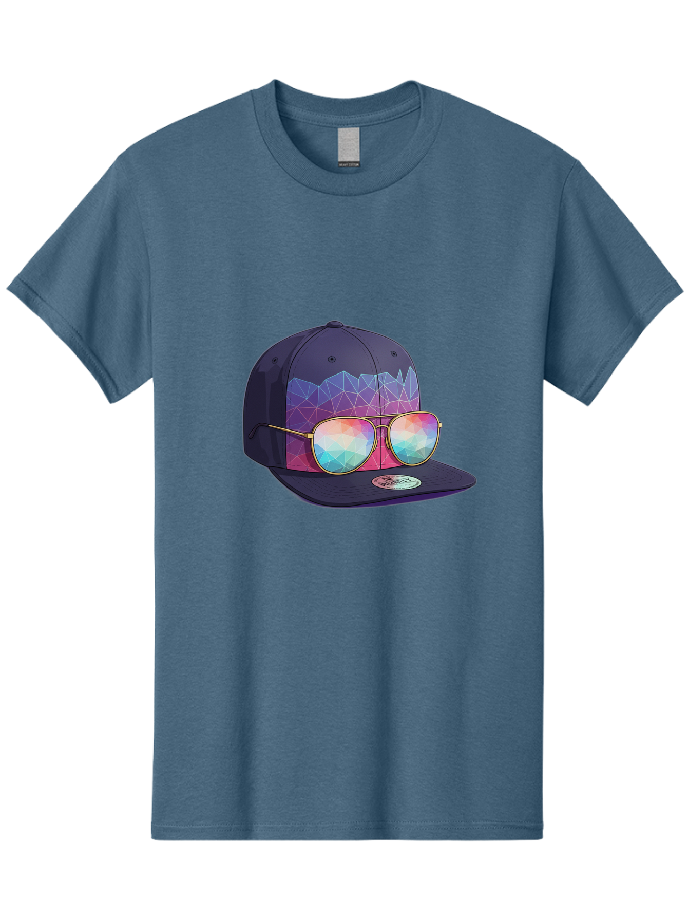 Baseball-Cap-With-Sunglasses-1 Men'S Graphic Tee, 100% Cotton, Comfortable Casual Summer Wear, Machine Washable, Baseball Cap, Sunglasses, Futuristic Style, Rainbow Colors, Gold Frames, Colorful Reflections, Modern Fashion, Trendy Accessories Bac616