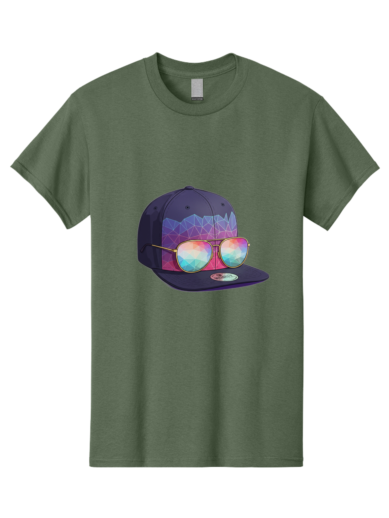 Baseball-Cap-With-Sunglasses-1 Men'S Graphic Tee, 100% Cotton, Comfortable Casual Summer Wear, Machine Washable, Baseball Cap, Sunglasses, Futuristic Style, Rainbow Colors, Gold Frames, Colorful Reflections, Modern Fashion, Trendy Accessories Bac616