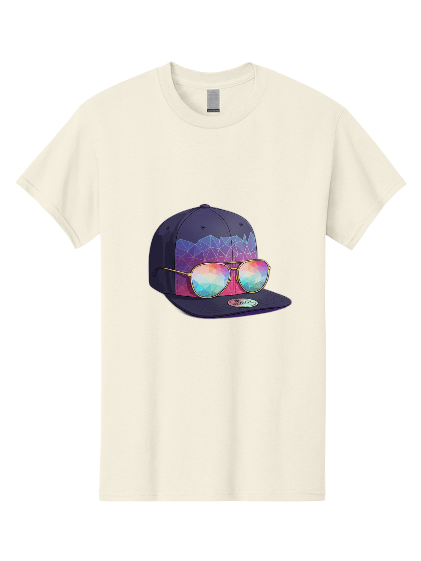 Baseball-Cap-With-Sunglasses-1 Men'S Graphic Tee, 100% Cotton, Comfortable Casual Summer Wear, Machine Washable, Baseball Cap, Sunglasses, Futuristic Style, Rainbow Colors, Gold Frames, Colorful Reflections, Modern Fashion, Trendy Accessories Bac616