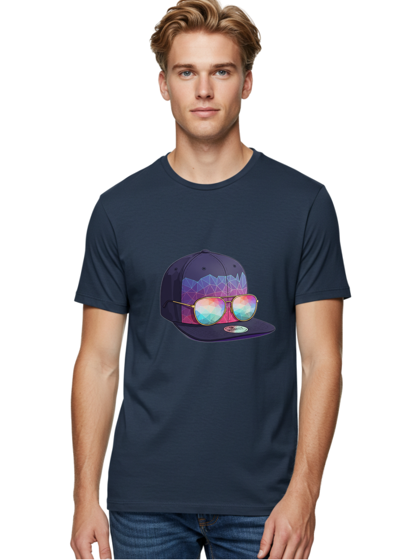 Baseball-Cap-With-Sunglasses-1 Men'S Graphic Tee, 100% Cotton, Comfortable Casual Summer Wear, Machine Washable, Baseball Cap, Sunglasses, Futuristic Style, Rainbow Colors, Gold Frames, Colorful Reflections, Modern Fashion, Trendy Accessories Bac616