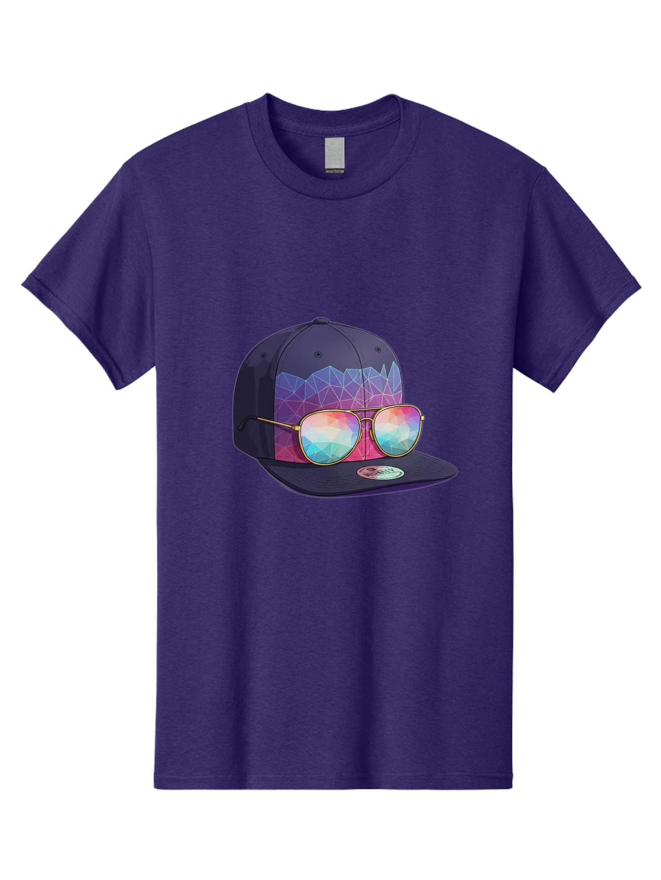 Baseball-Cap-With-Sunglasses-1 Men'S Graphic Tee, 100% Cotton, Comfortable Casual Summer Wear, Machine Washable, Baseball Cap, Sunglasses, Futuristic Style, Rainbow Colors, Gold Frames, Colorful Reflections, Modern Fashion, Trendy Accessories Bac616