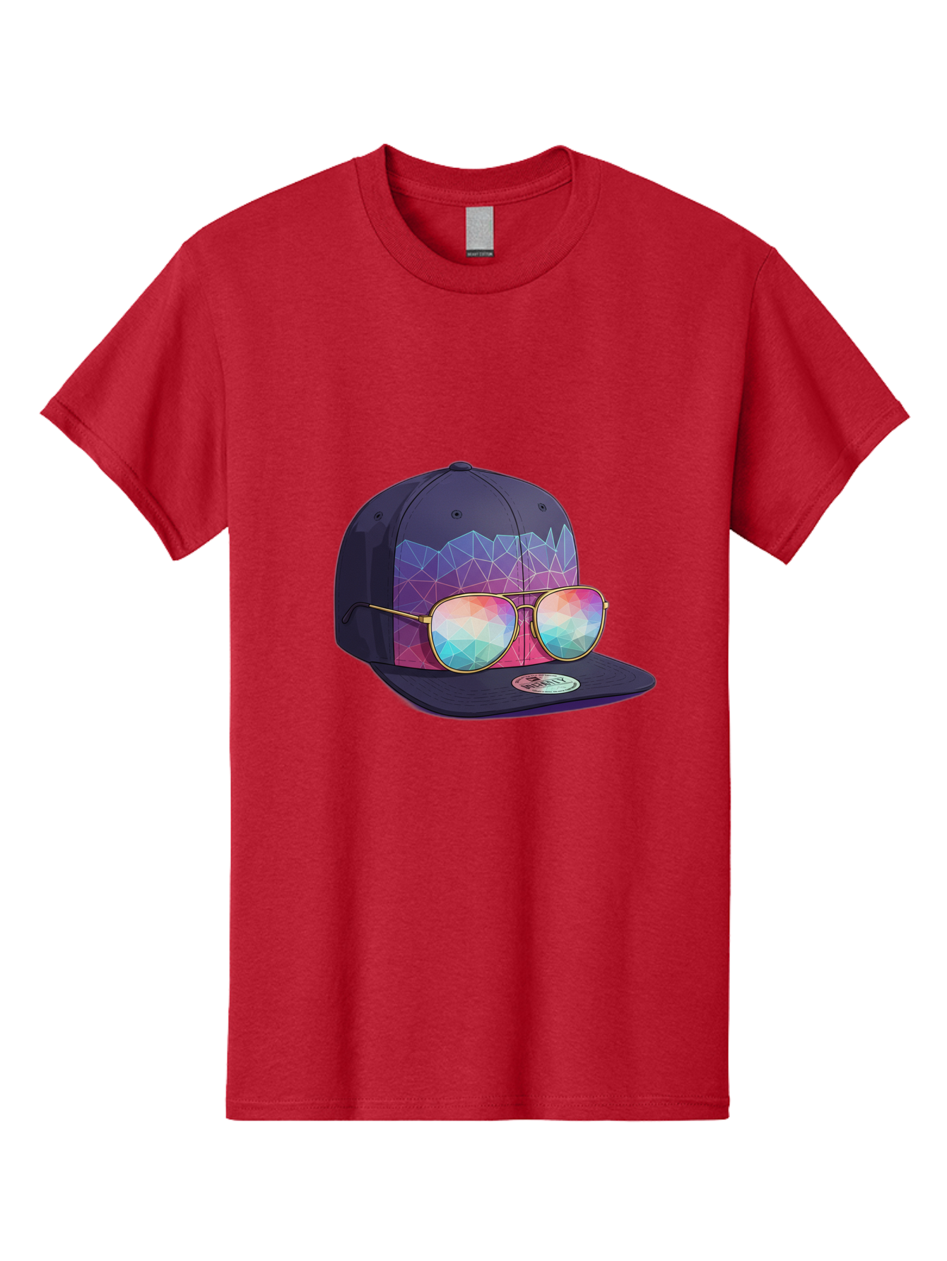 Baseball-Cap-With-Sunglasses-1 Men'S Graphic Tee, 100% Cotton, Comfortable Casual Summer Wear, Machine Washable, Baseball Cap, Sunglasses, Futuristic Style, Rainbow Colors, Gold Frames, Colorful Reflections, Modern Fashion, Trendy Accessories Bac616