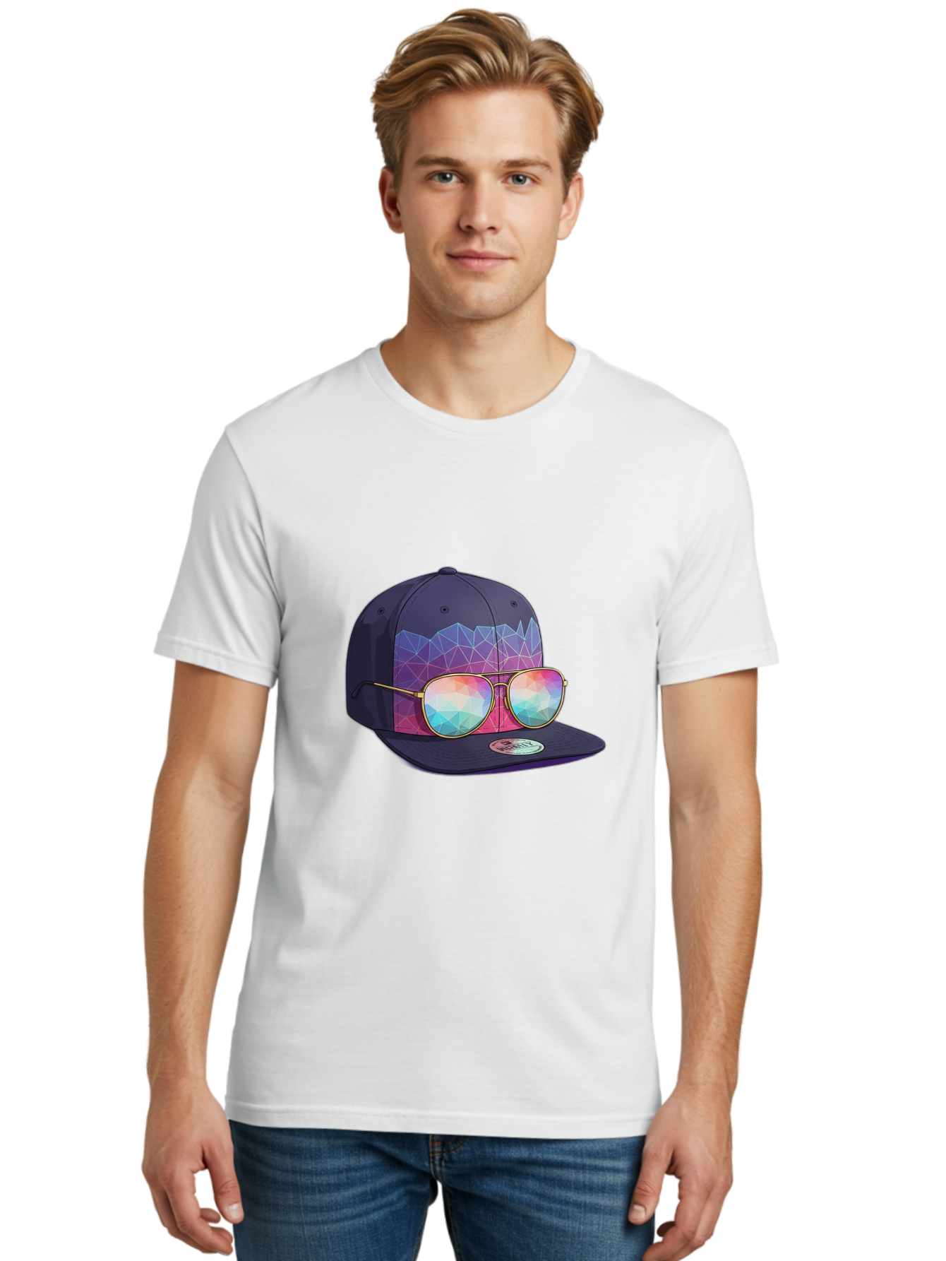 Baseball-Cap-With-Sunglasses-1 Men'S Graphic Tee, 100% Cotton, Comfortable Casual Summer Wear, Machine Washable, Baseball Cap, Sunglasses, Futuristic Style, Rainbow Colors, Gold Frames, Colorful Reflections, Modern Fashion, Trendy Accessories Bac616