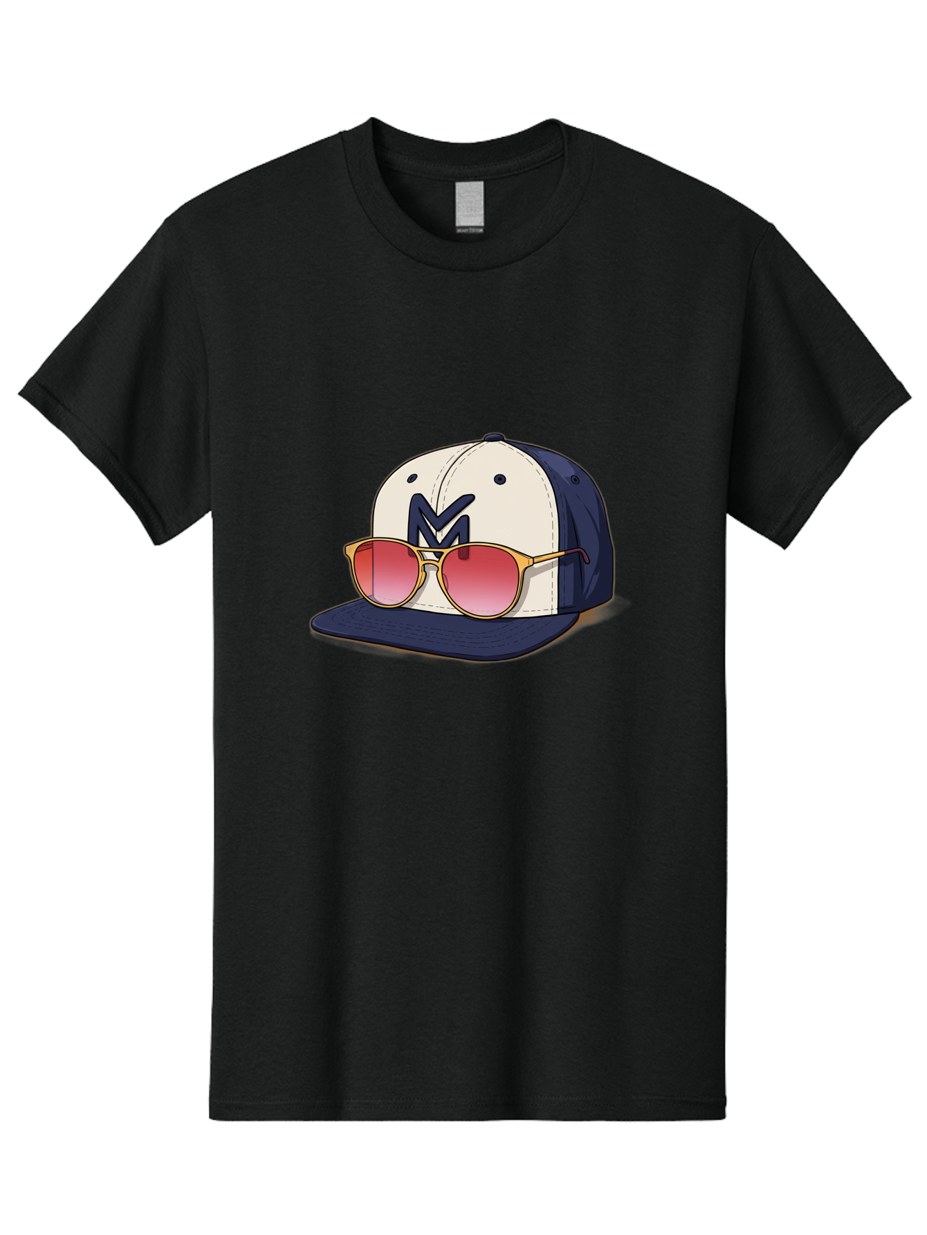 Baseball-Cap-With-Sunglasses Men'S Graphic Tee, 100% Cotton, Comfortable Casual Summer Wear, Machine Washable, Baseball Cap With Sunglasses, Cool Accessories, Stylish Hat, Trendy Eyewear, Gold Frames, Red Lenses, Navy Blue And White Colors, Bac617
