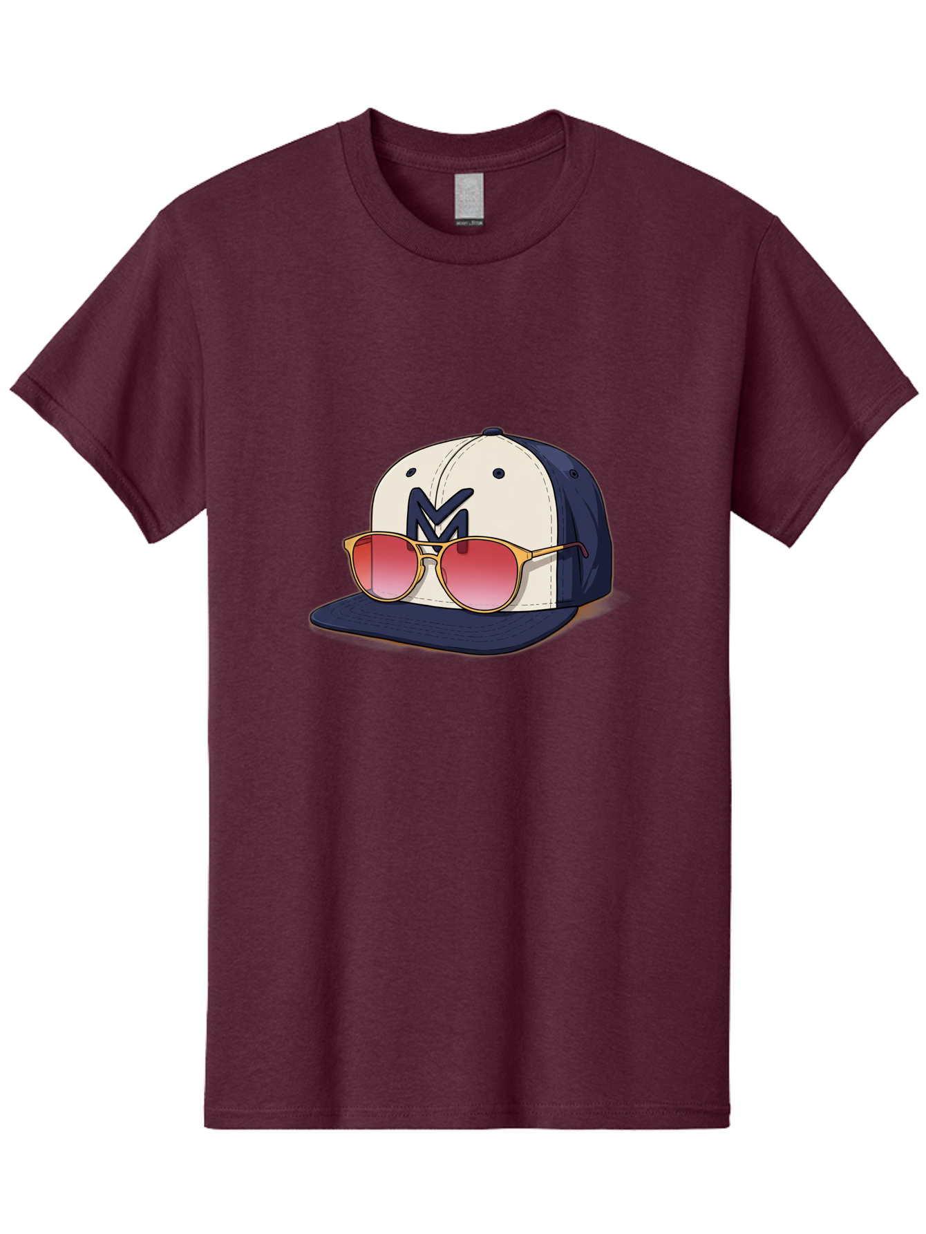 Baseball-Cap-With-Sunglasses Men'S Graphic Tee, 100% Cotton, Comfortable Casual Summer Wear, Machine Washable, Baseball Cap With Sunglasses, Cool Accessories, Stylish Hat, Trendy Eyewear, Gold Frames, Red Lenses, Navy Blue And White Colors, Bac617
