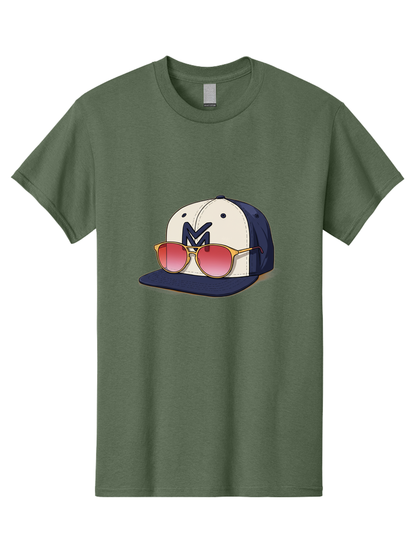 Baseball-Cap-With-Sunglasses Men'S Graphic Tee, 100% Cotton, Comfortable Casual Summer Wear, Machine Washable, Baseball Cap With Sunglasses, Cool Accessories, Stylish Hat, Trendy Eyewear, Gold Frames, Red Lenses, Navy Blue And White Colors, Bac617