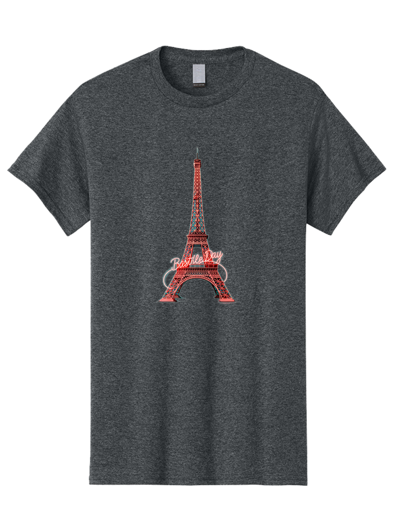 Bastille-Day-Eiffel-Tower Men'S Graphic Tee, 100% Cotton, Comfortable Casual Summer Wear, Machine Washable, Eiffel Tower, Red And Blue Lattice Design, Bastille Day, French Culture, Pink Cursive Text, White Swirls, Vibrant Colors, Bac619