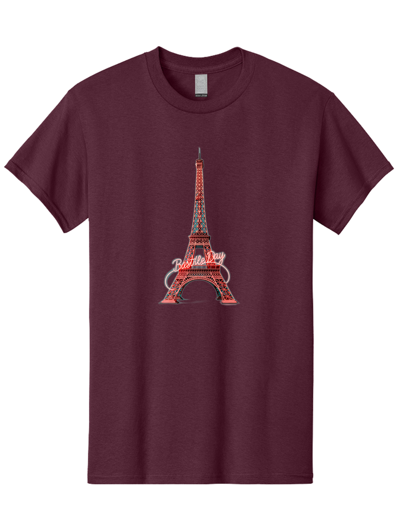Bastille-Day-Eiffel-Tower Men'S Graphic Tee, 100% Cotton, Comfortable Casual Summer Wear, Machine Washable, Eiffel Tower, Red And Blue Lattice Design, Bastille Day, French Culture, Pink Cursive Text, White Swirls, Vibrant Colors, Bac619